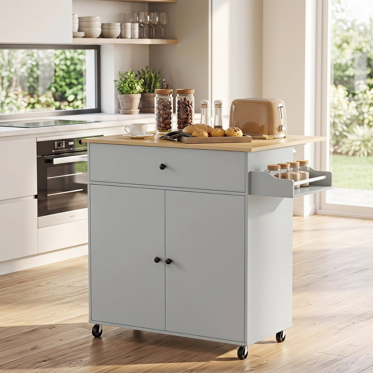 Kitchen Island with Drop Leaf, Rolling Kitchen Storage Trolley on Wheels with Drawer, Spice Rack and Towel Rack, Storage Cart with Adjustable Shelf, Grey