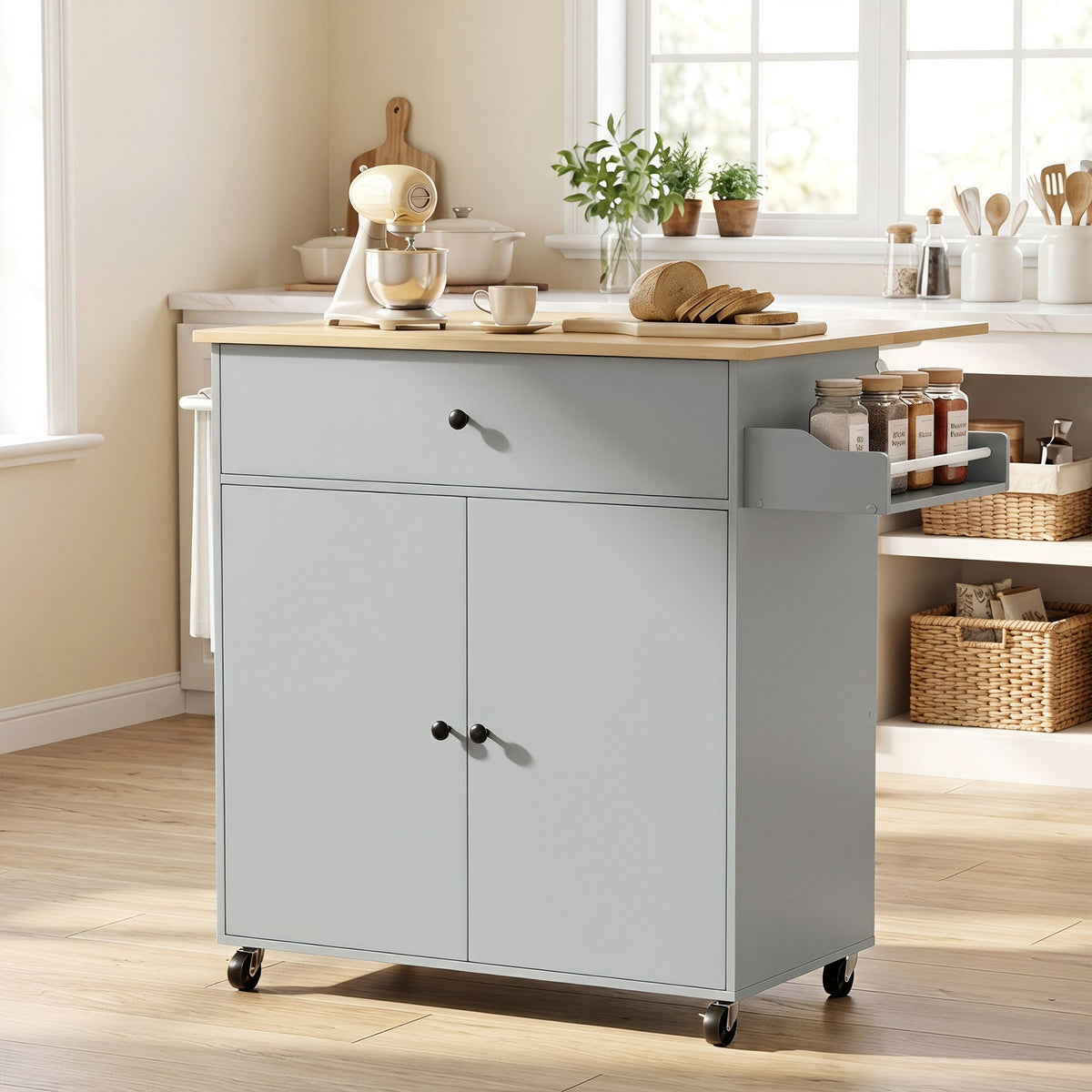 Kitchen Island with Drop Leaf, Rolling Kitchen Storage Trolley on Wheels with Drawer, Spice Rack and Towel Rack, Storage Cart with Adjustable Shelf, Grey