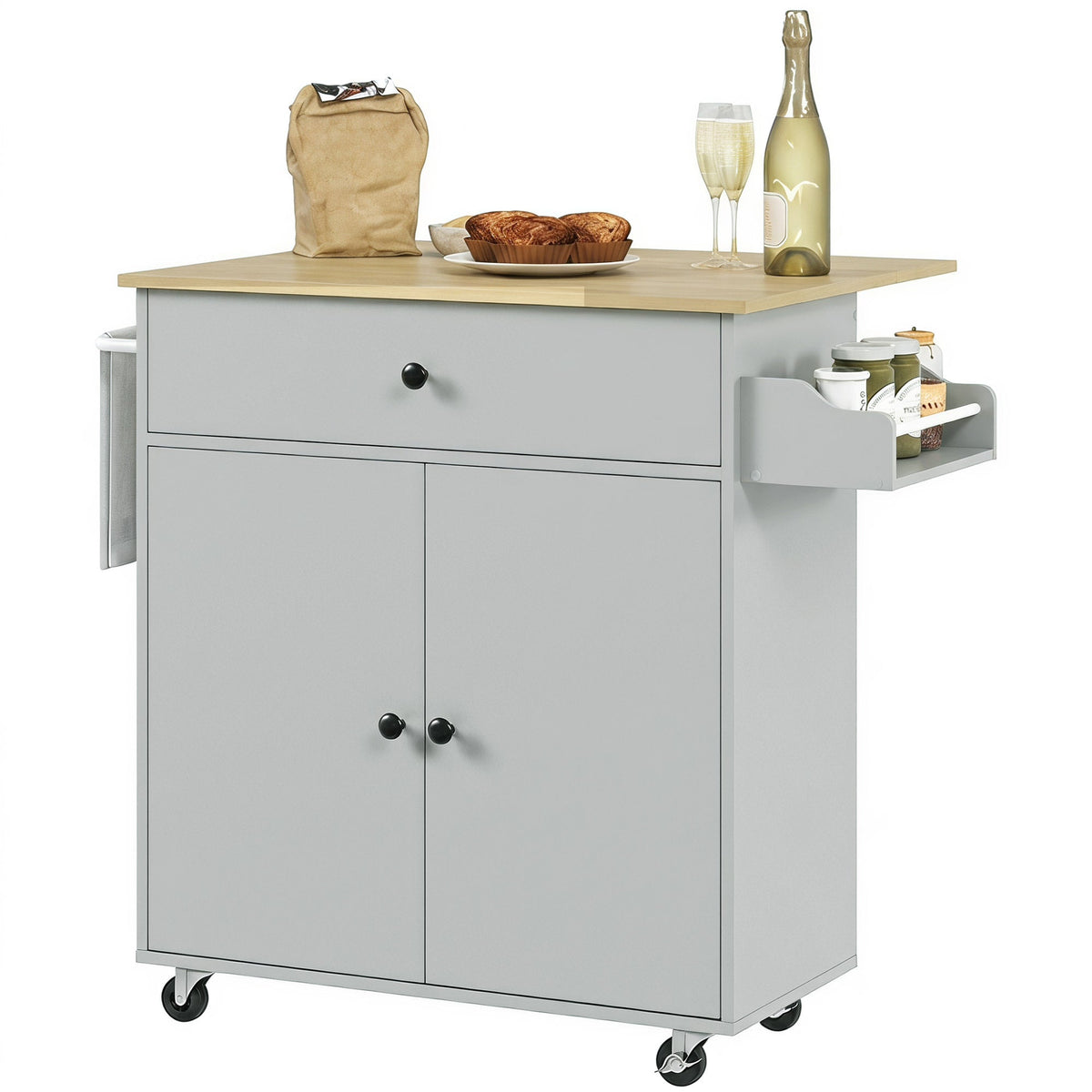 Kitchen Island with Drop Leaf, Rolling Kitchen Storage Trolley on Wheels with Drawer, Spice Rack and Towel Rack, Storage Cart with Adjustable Shelf, Grey