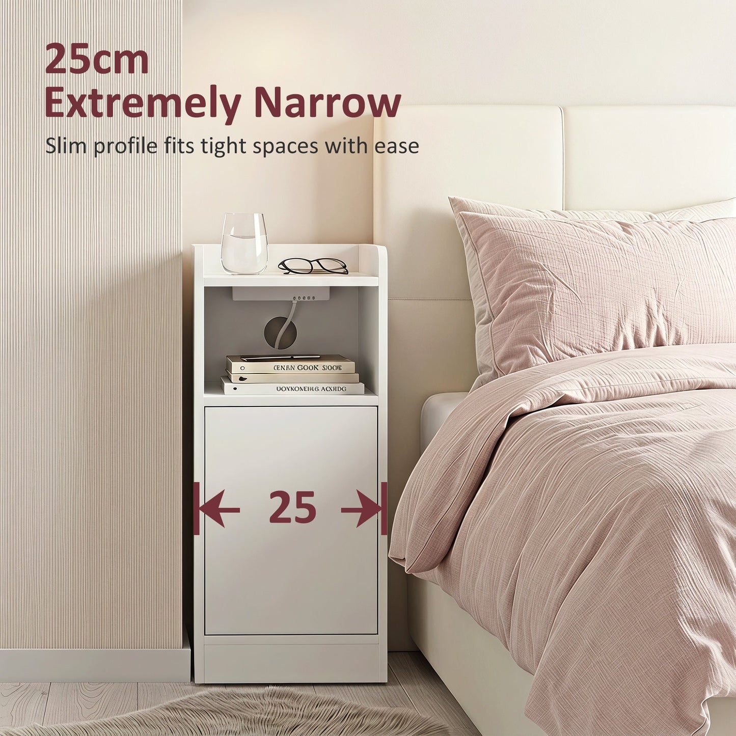 Slim Bedside Table Set of 2 with Charging Station, Narrow Bedside Cabinet with Open Compartment, Adjustable Shelf and Cupboard, Side End Table for Bedroom Living Room Compact Nooks, White