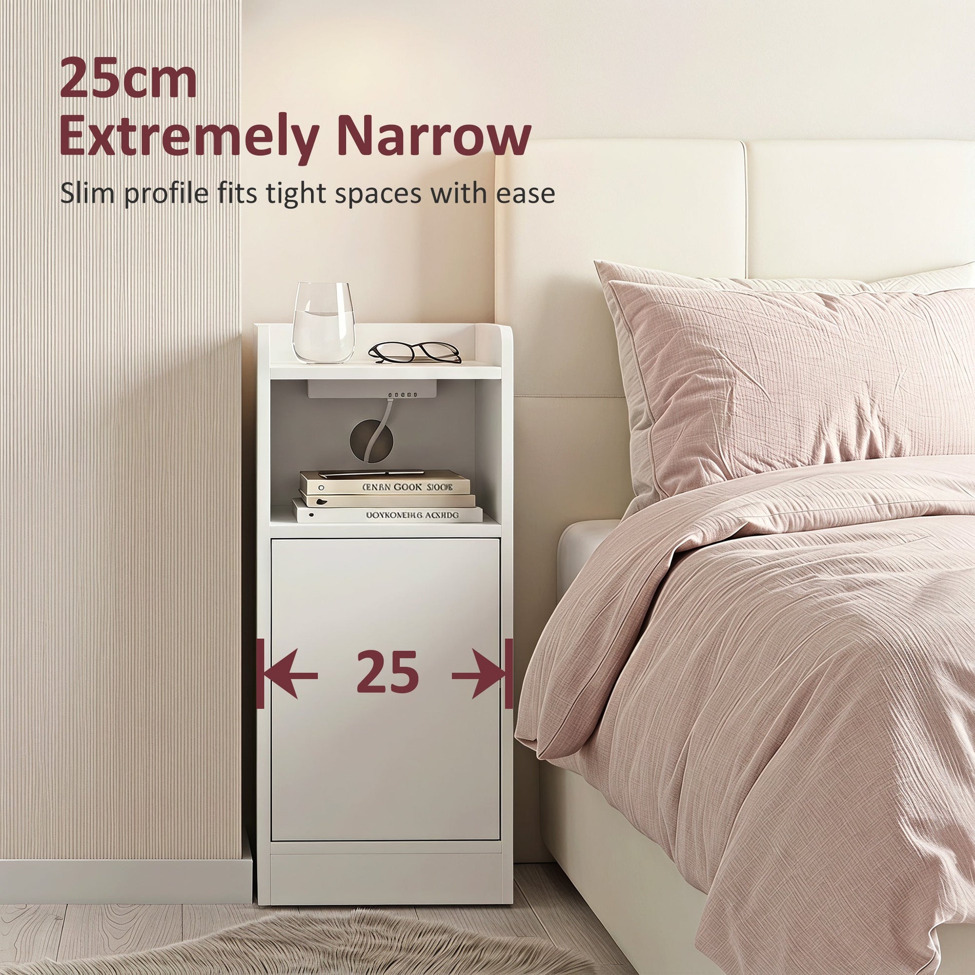 Slim Bedside Table Set of 2 with Charging Station, Narrow Bedside Cabinet with Open Compartment, Adjustable Shelf and Cupboard, Side End Table for Bedroom Living Room Compact Nooks, White