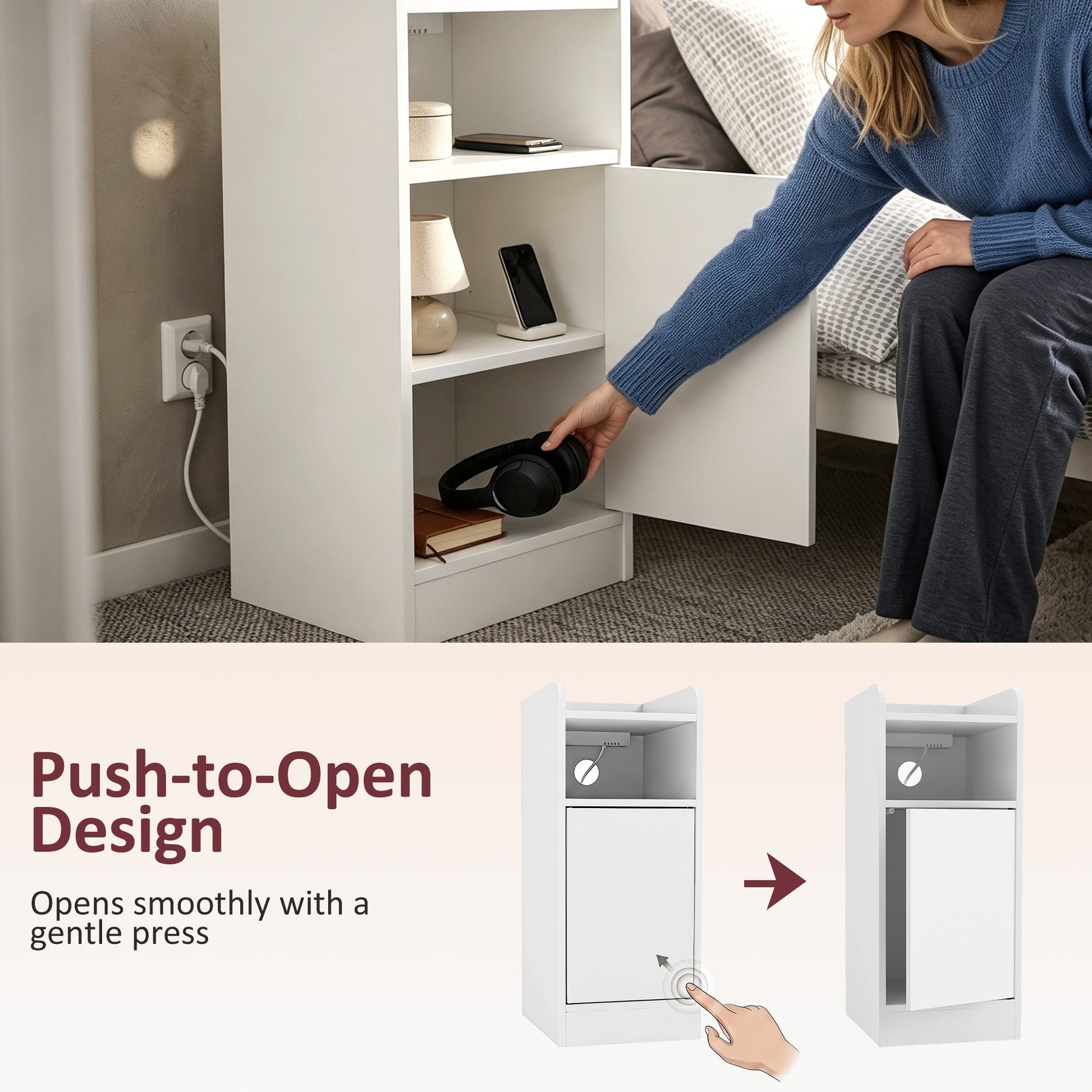 Slim Bedside Table Set of 2 with Charging Station, Narrow Bedside Cabinet with Open Compartment, Adjustable Shelf and Cupboard, Side End Table for Bedroom Living Room Compact Nooks, White