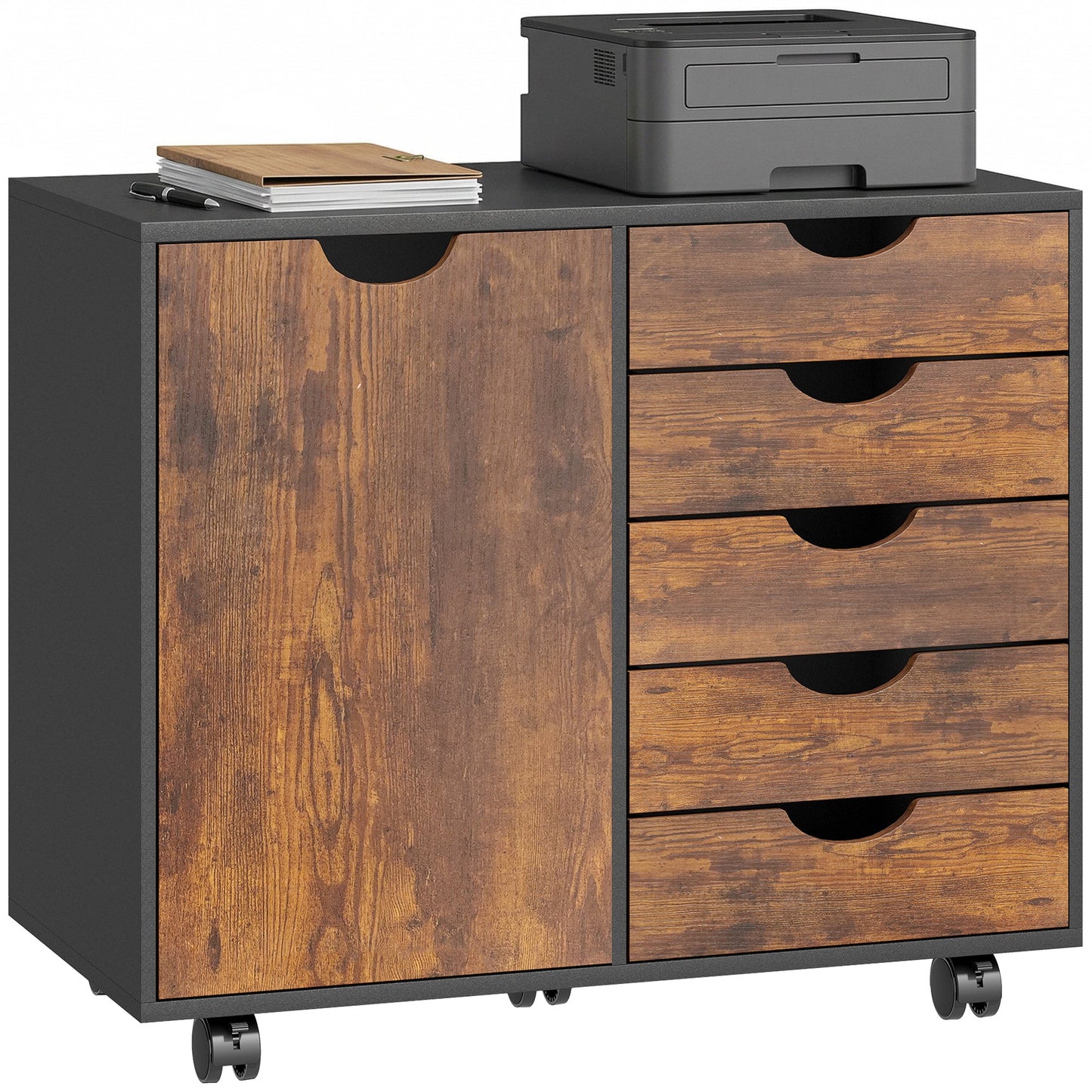 Lateral Office Storage Cabinet on Wheels, 5-Drawers Cabinet with Door and Adjustable Shelf for Home Office, Rustic Brown