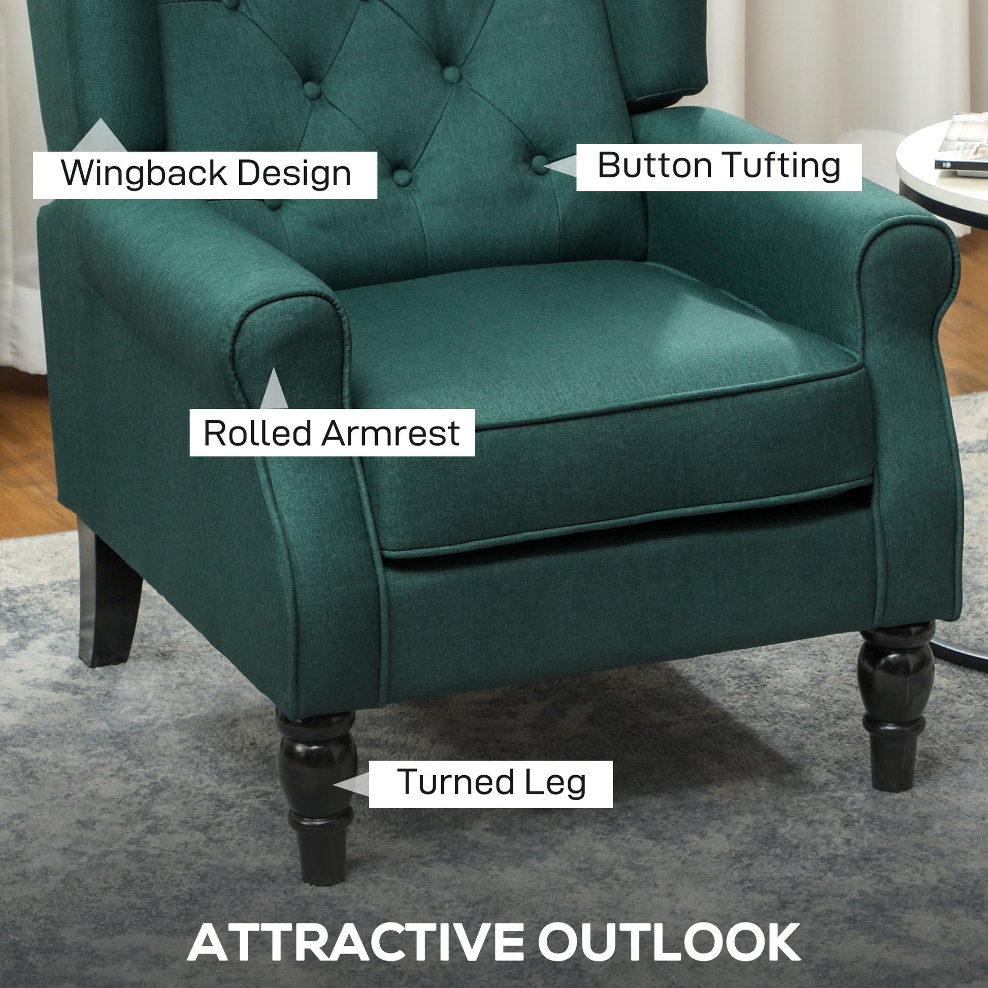 Retro Accent Chair, Linen Wingback Armchair with Wood Frame Button Tufted Design for Living Room Bedroom, Dark Green