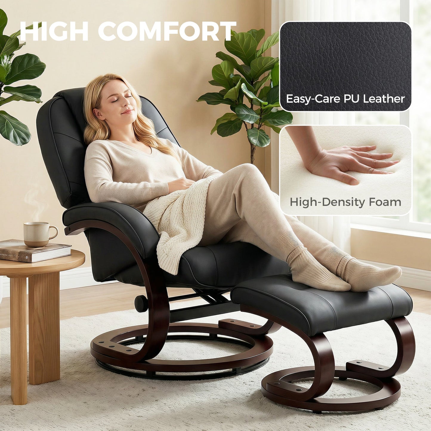 Swivel Recliner Chair with Footstool, PU Leather Recliner Armchair with High Back and Wood Frame, Reclining Chair Lounge with Padded Armrests for Living Room, Black
