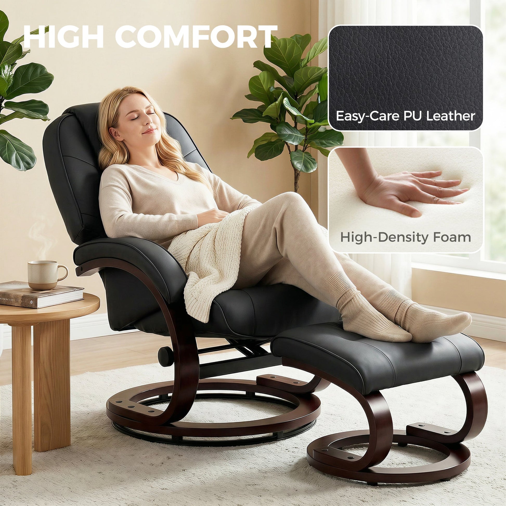 Swivel Recliner Chair with Footstool, PU Leather Recliner Armchair with High Back and Wood Frame, Reclining Chair Lounge with Padded Armrests for Living Room, Black