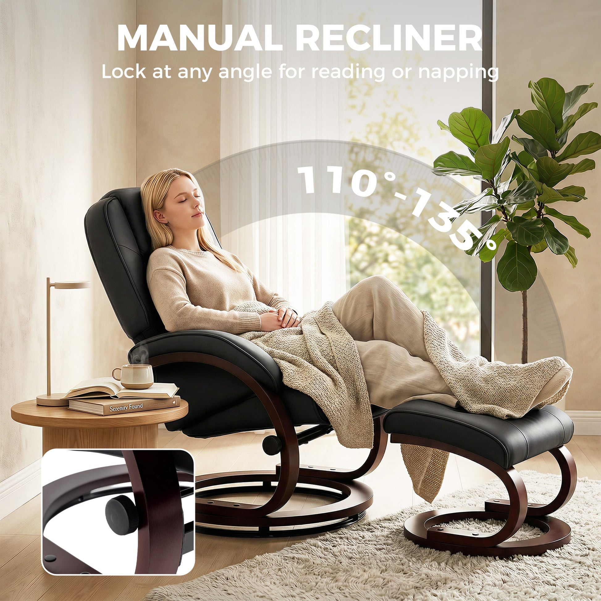 Swivel Recliner Chair with Footstool, PU Leather Recliner Armchair with High Back and Wood Frame, Reclining Chair Lounge with Padded Armrests for Living Room, Black