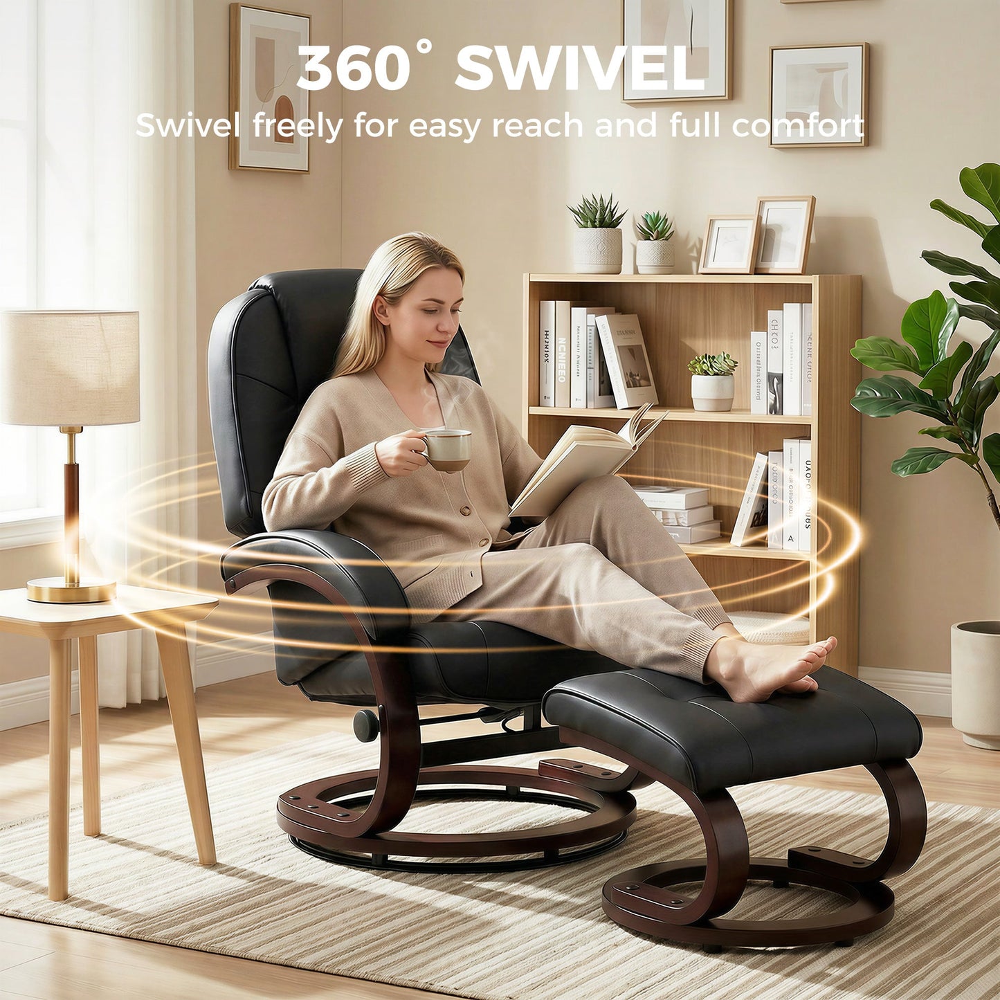 Swivel Recliner Chair with Footstool, PU Leather Recliner Armchair with High Back and Wood Frame, Reclining Chair Lounge with Padded Armrests for Living Room, Black