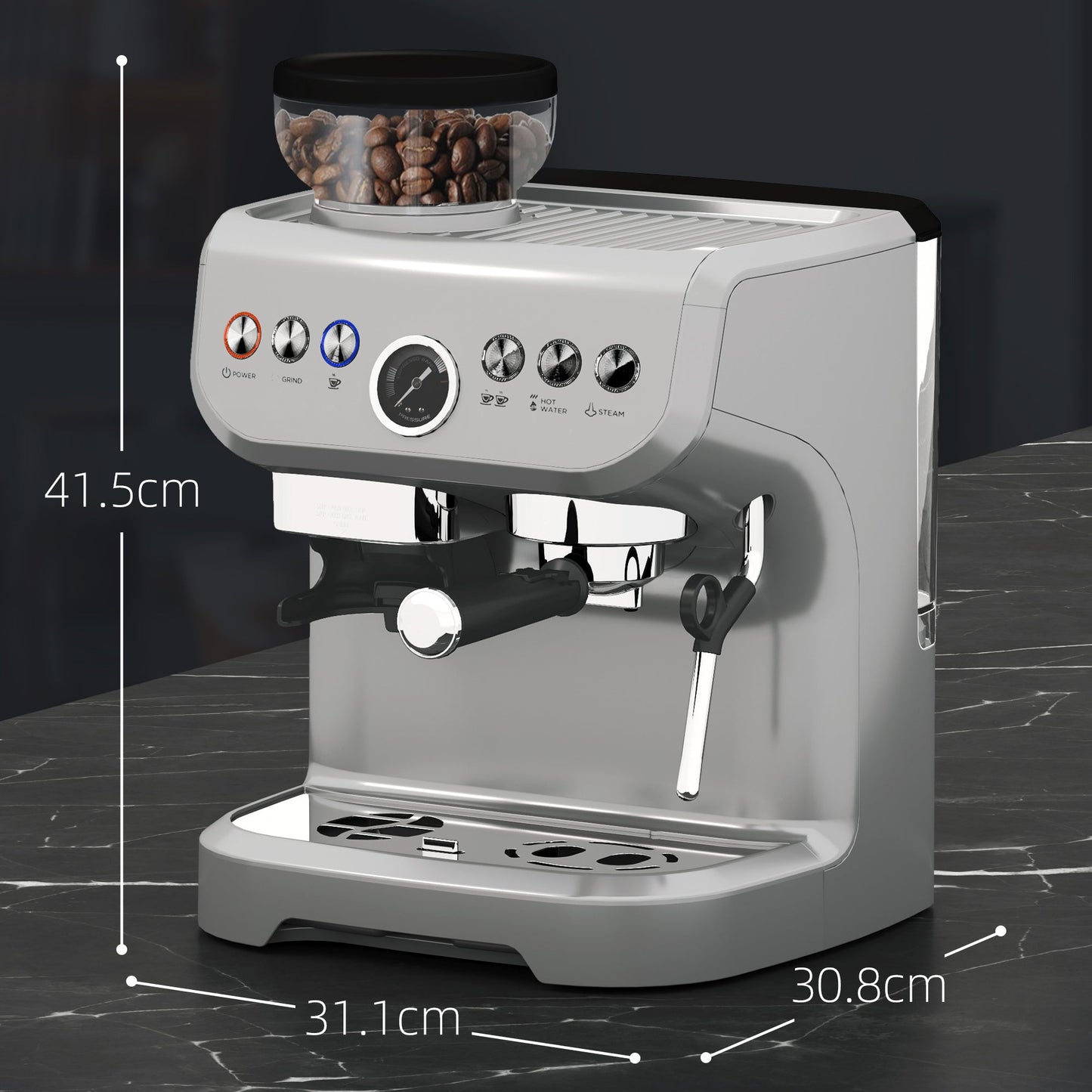 HOMCOM Espresso Machine with Integrated Bean Grinder & Steam Wand, Bean to Cup Coffee Machine with 15 Bar Italian Pump, 2L Water Tank, Cappuccino Maker, Stainless Steel Silver