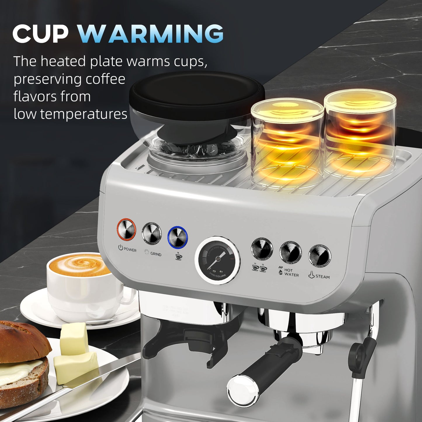 HOMCOM Espresso Machine with Integrated Bean Grinder & Steam Wand, Bean to Cup Coffee Machine with 15 Bar Italian Pump, 2L Water Tank, Cappuccino Maker, Stainless Steel Silver