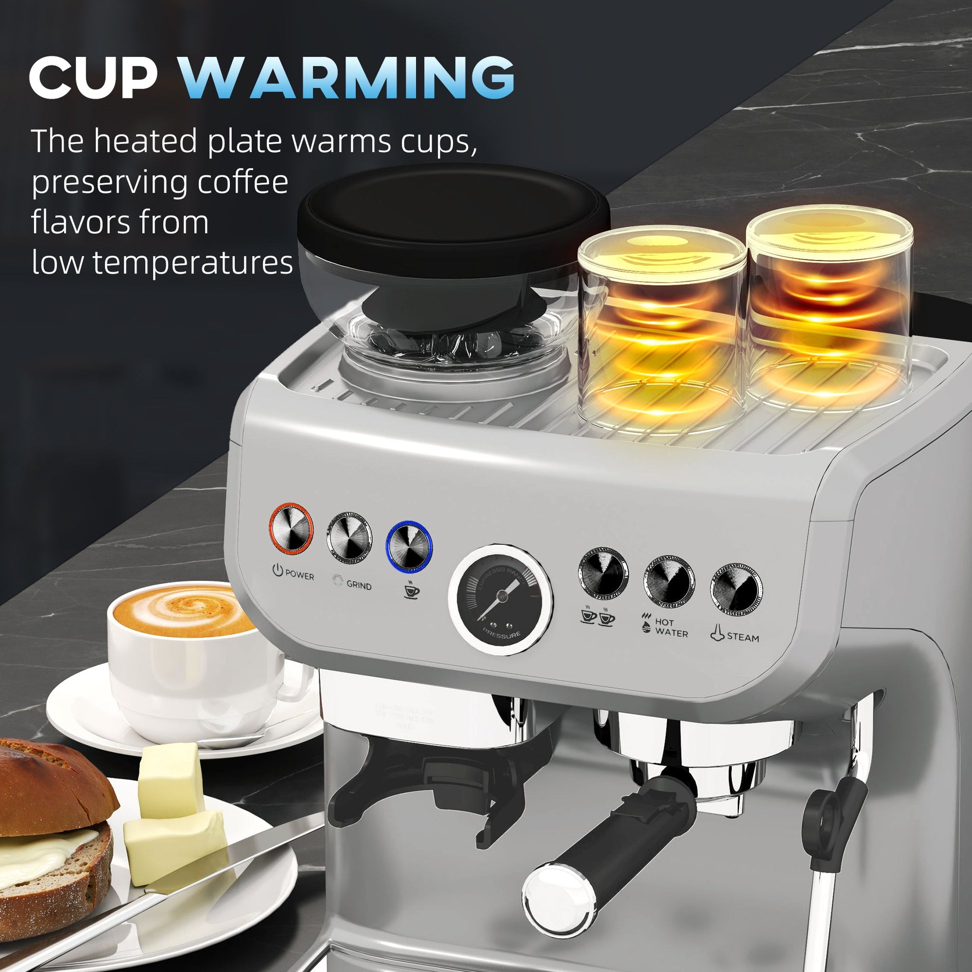 HOMCOM Espresso Machine with Integrated Bean Grinder & Steam Wand, Bean to Cup Coffee Machine with 15 Bar Italian Pump, 2L Water Tank, Cappuccino Maker, Stainless Steel Silver