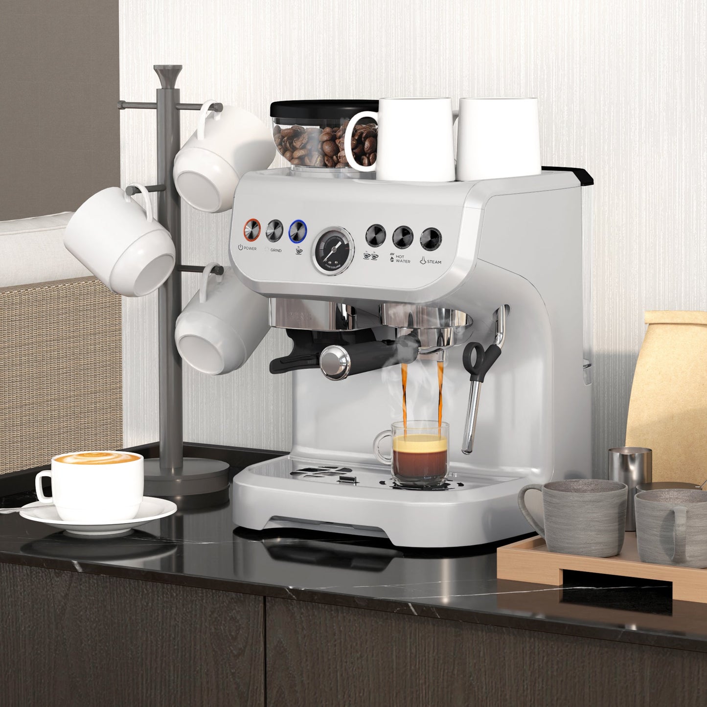 HOMCOM Espresso Machine with Integrated Bean Grinder & Steam Wand, Bean to Cup Coffee Machine with 15 Bar Italian Pump, 2L Water Tank, Cappuccino Maker, Stainless Steel Silver