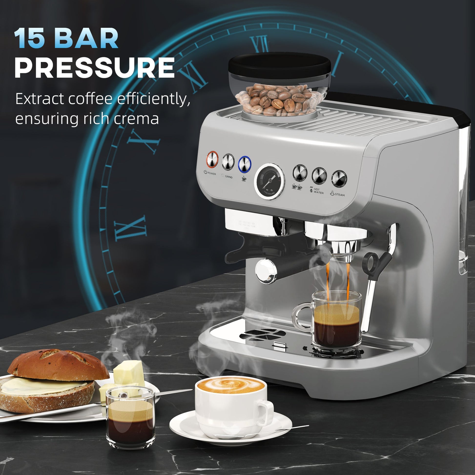 HOMCOM Espresso Machine with Integrated Bean Grinder & Steam Wand, Bean to Cup Coffee Machine with 15 Bar Italian Pump, 2L Water Tank, Cappuccino Maker, Stainless Steel Silver