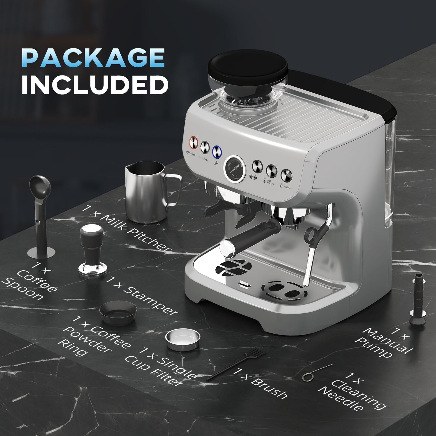 HOMCOM Espresso Machine with Integrated Bean Grinder & Steam Wand, Bean to Cup Coffee Machine with 15 Bar Italian Pump, 2L Water Tank, Cappuccino Maker, Stainless Steel Silver