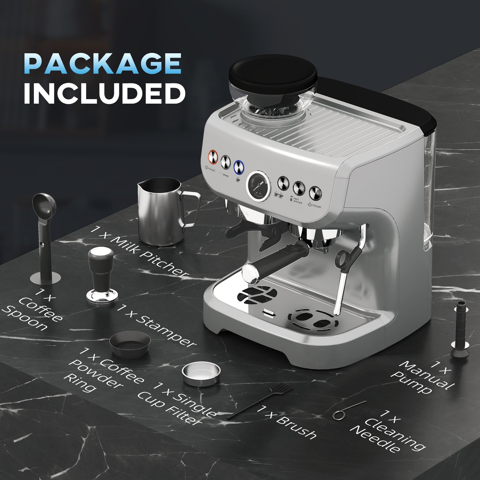 HOMCOM Espresso Machine with Integrated Bean Grinder & Steam Wand, Bean to Cup Coffee Machine with 15 Bar Italian Pump, 2L Water Tank, Cappuccino Maker, Stainless Steel Silver