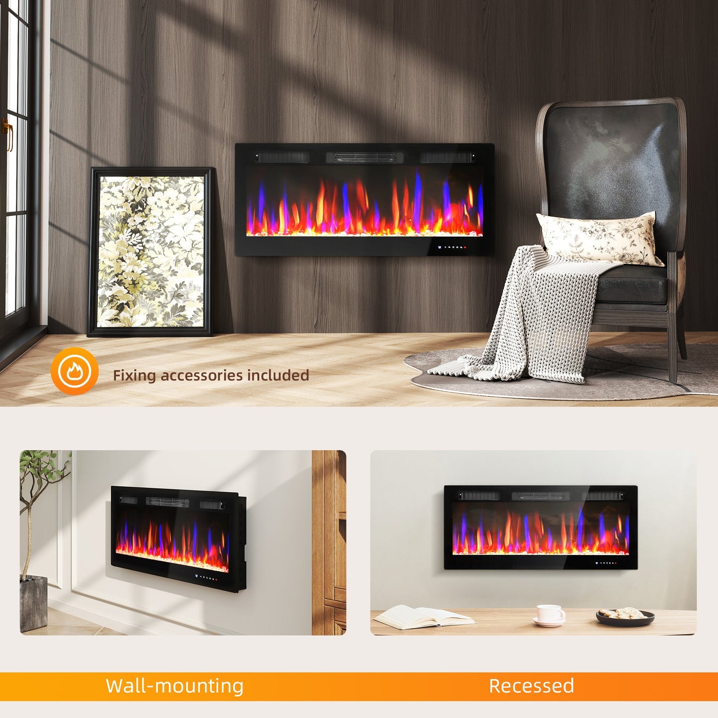 107cm/42" Electric Fireplace, Ultra-Slim Wall Mounted and Recessed Electric Fire Heater with Adjustable Flame and Thermostat, Eco Mode, Auto Switch, Weekly and 24H Timer, Remote, 900W/1800W