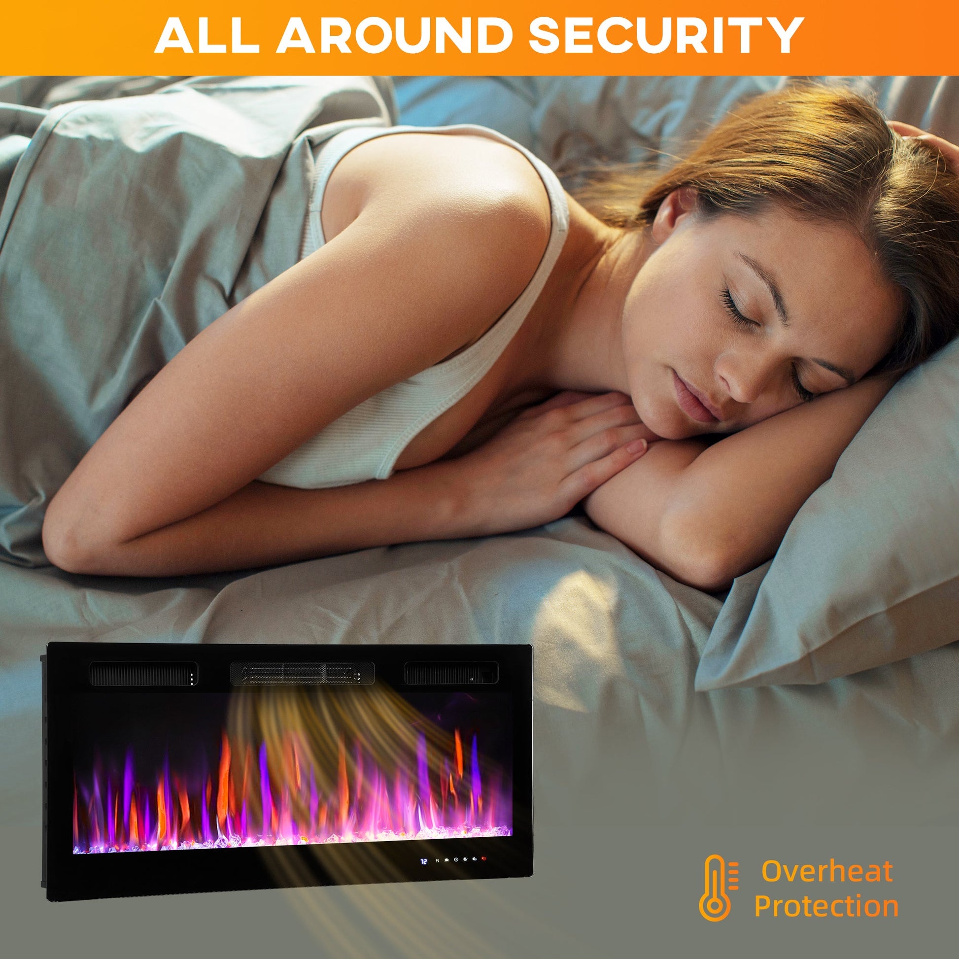 107cm/42" Electric Fireplace, Ultra-Slim Wall Mounted and Recessed Electric Fire Heater with Adjustable Flame and Thermostat, Eco Mode, Auto Switch, Weekly and 24H Timer, Remote, 900W/1800W