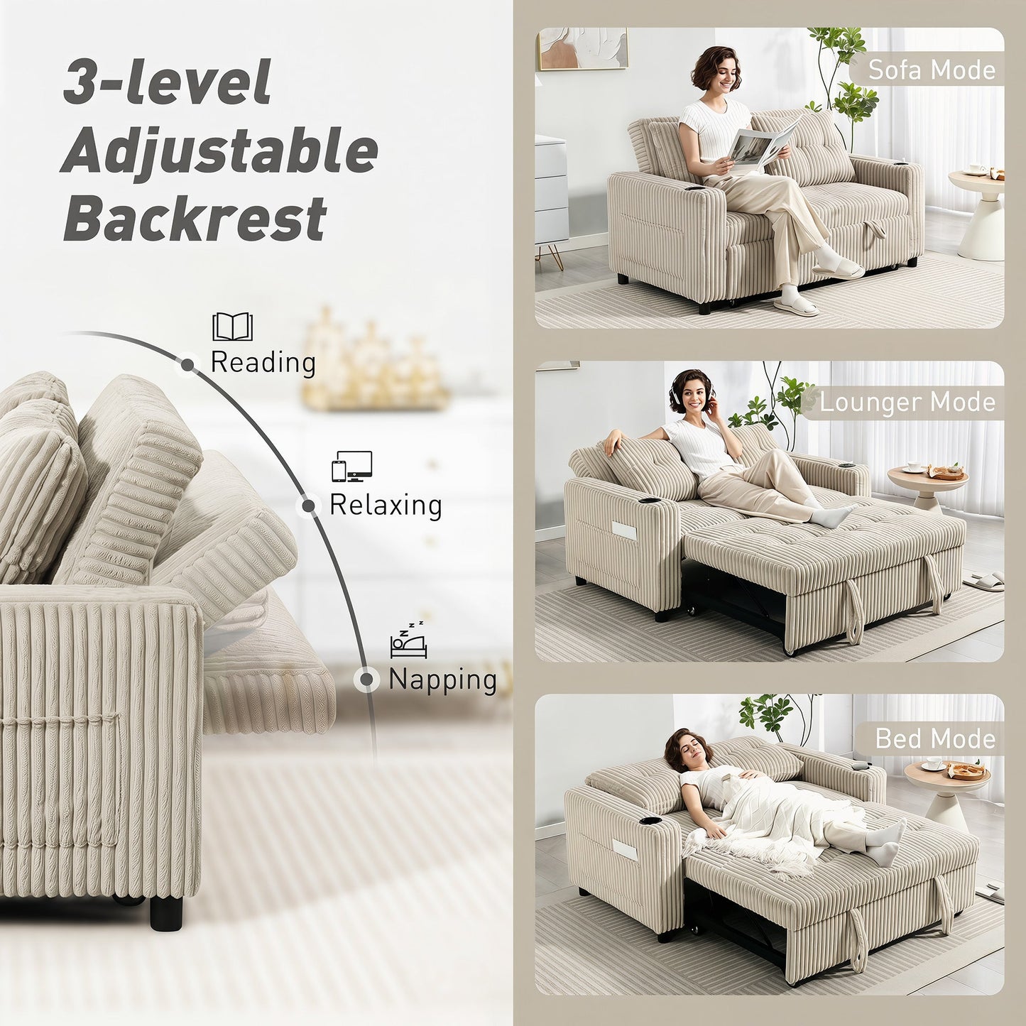 2 Seater Sofa Bed, Corduroy Click Clack Sleeper Sofa with Pull Out Design, 2 Pillows, Cup Holders, Side Pockets, Convertible Loveseat Bed Settee for Living Room, 157x190cm, Cream White