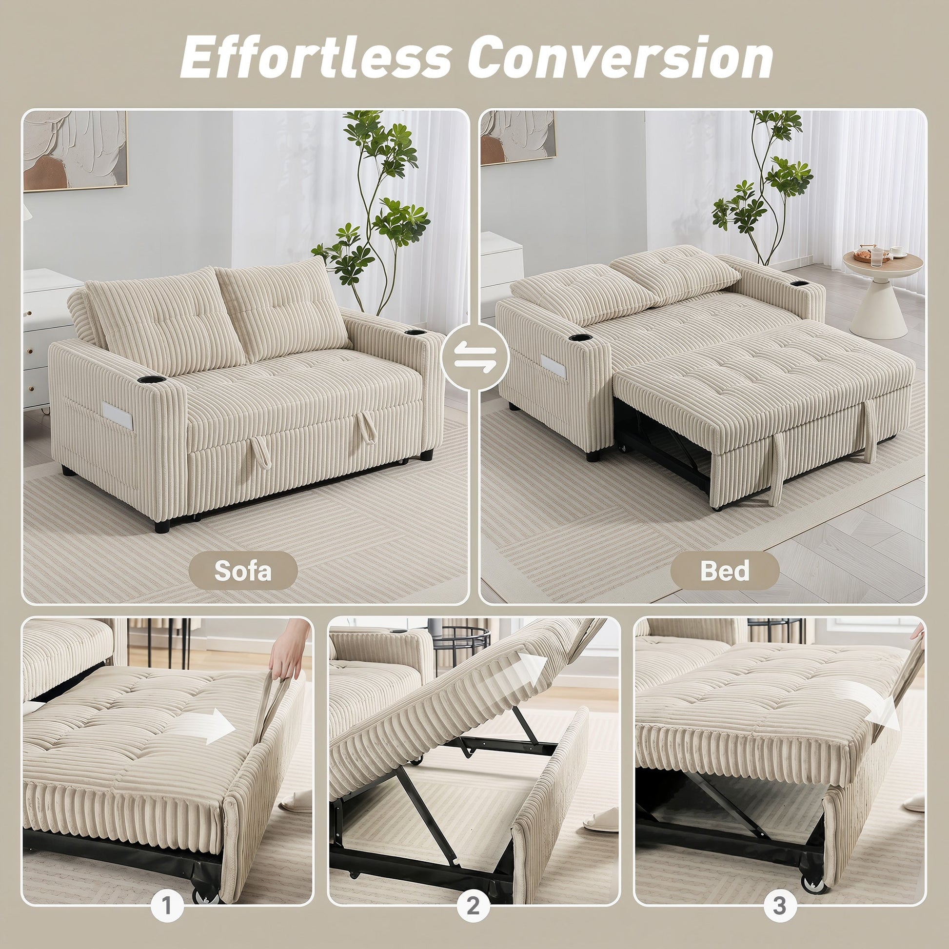 2 Seater Sofa Bed, Corduroy Click Clack Sleeper Sofa with Pull Out Design, 2 Pillows, Cup Holders, Side Pockets, Convertible Loveseat Bed Settee for Living Room, 157x190cm, Cream White