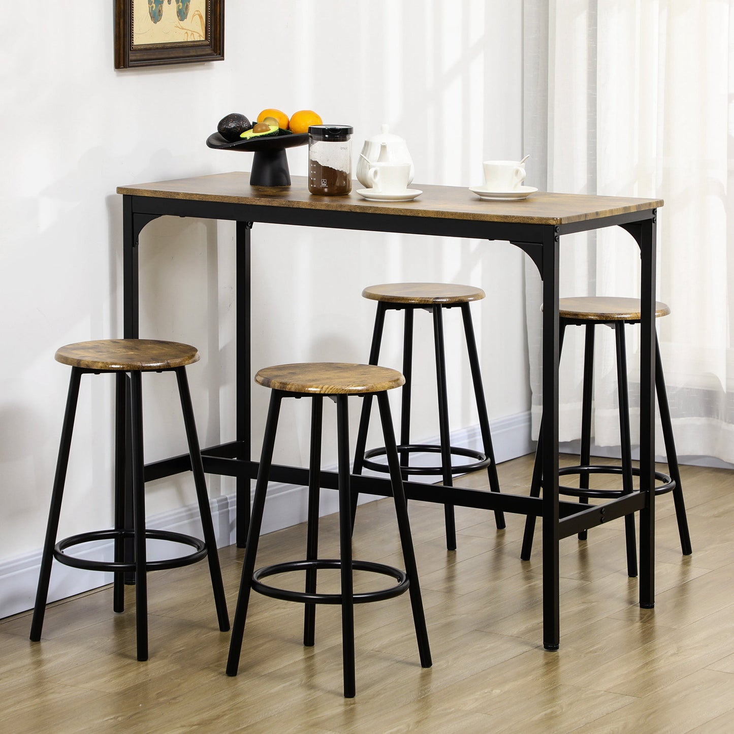 HOMCOM 5 Piece Bar Table Set, Industrial Dining Table Set for 4 with Stools, Metal Frame, Footrest for Kitchen, Living Room, Small Space, Rustic Brown