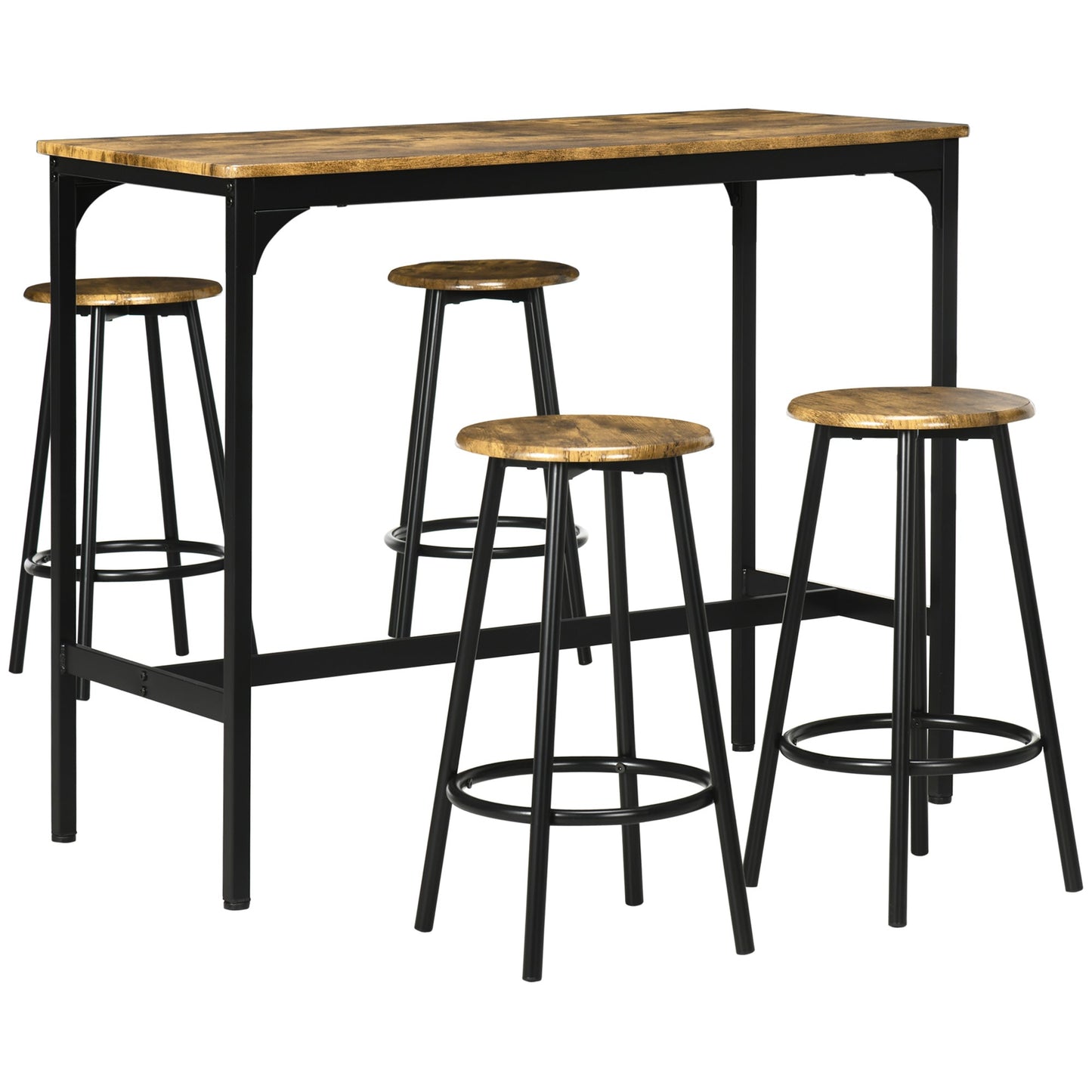 HOMCOM 5 Piece Bar Table Set, Industrial Dining Table Set for 4 with Stools, Metal Frame, Footrest for Kitchen, Living Room, Small Space, Rustic Brown