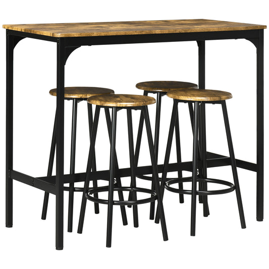 HOMCOM 5 Piece Bar Table Set, Industrial Dining Table Set for 4 with Stools, Metal Frame, Footrest for Kitchen, Living Room, Small Space, Rustic Brown