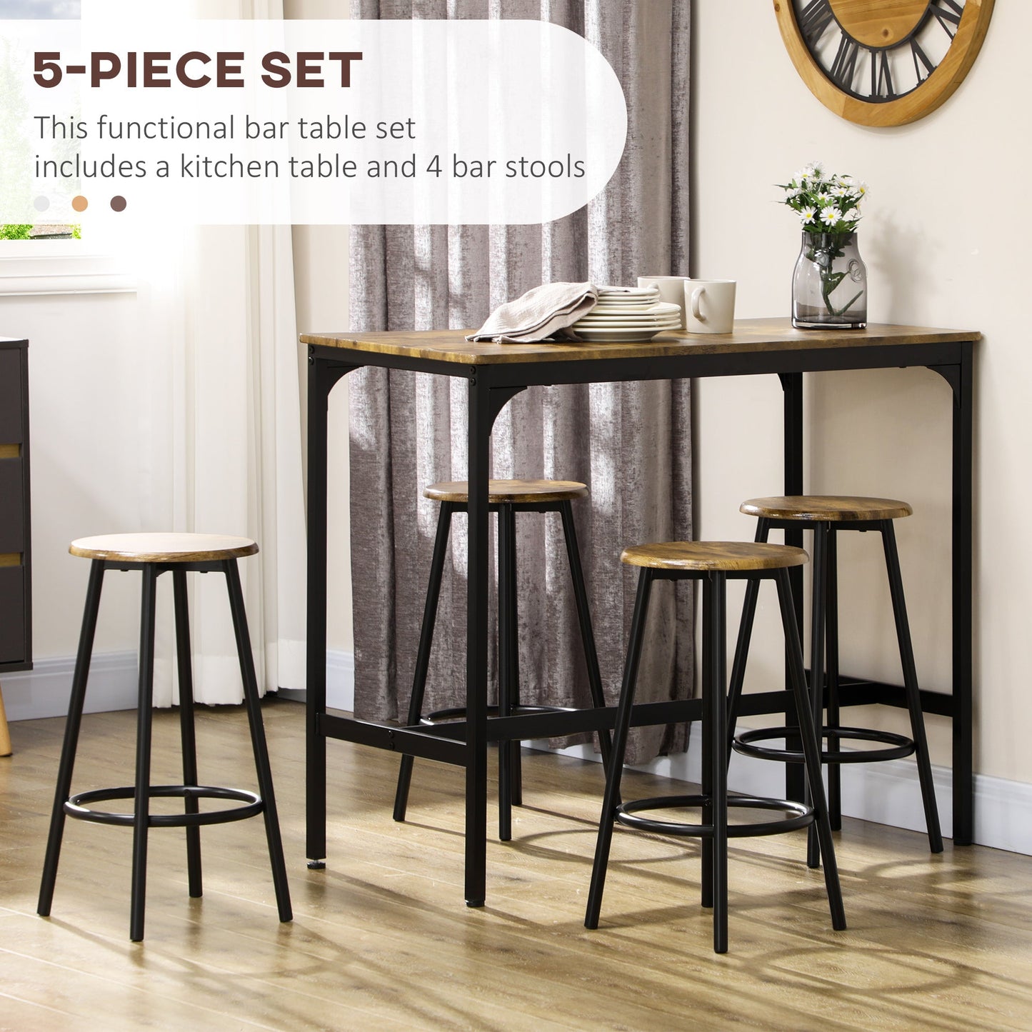 HOMCOM 5 Piece Bar Table Set, Industrial Dining Table Set for 4 with Stools, Metal Frame, Footrest for Kitchen, Living Room, Small Space, Rustic Brown