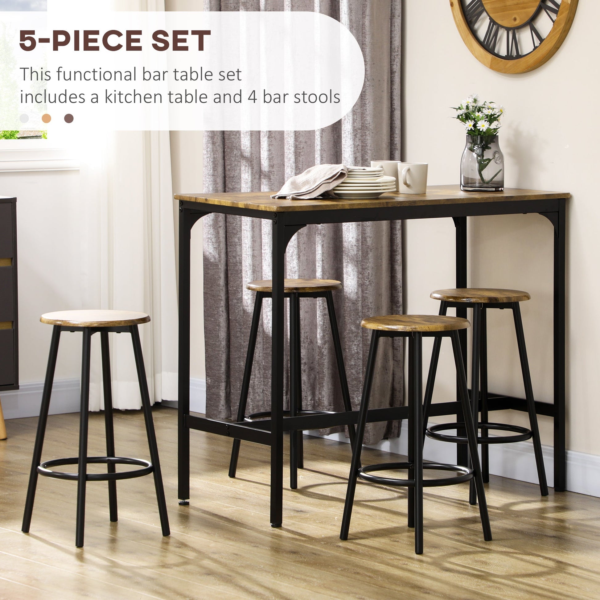 HOMCOM 5 Piece Bar Table Set, Industrial Dining Table Set for 4 with Stools, Metal Frame, Footrest for Kitchen, Living Room, Small Space, Rustic Brown