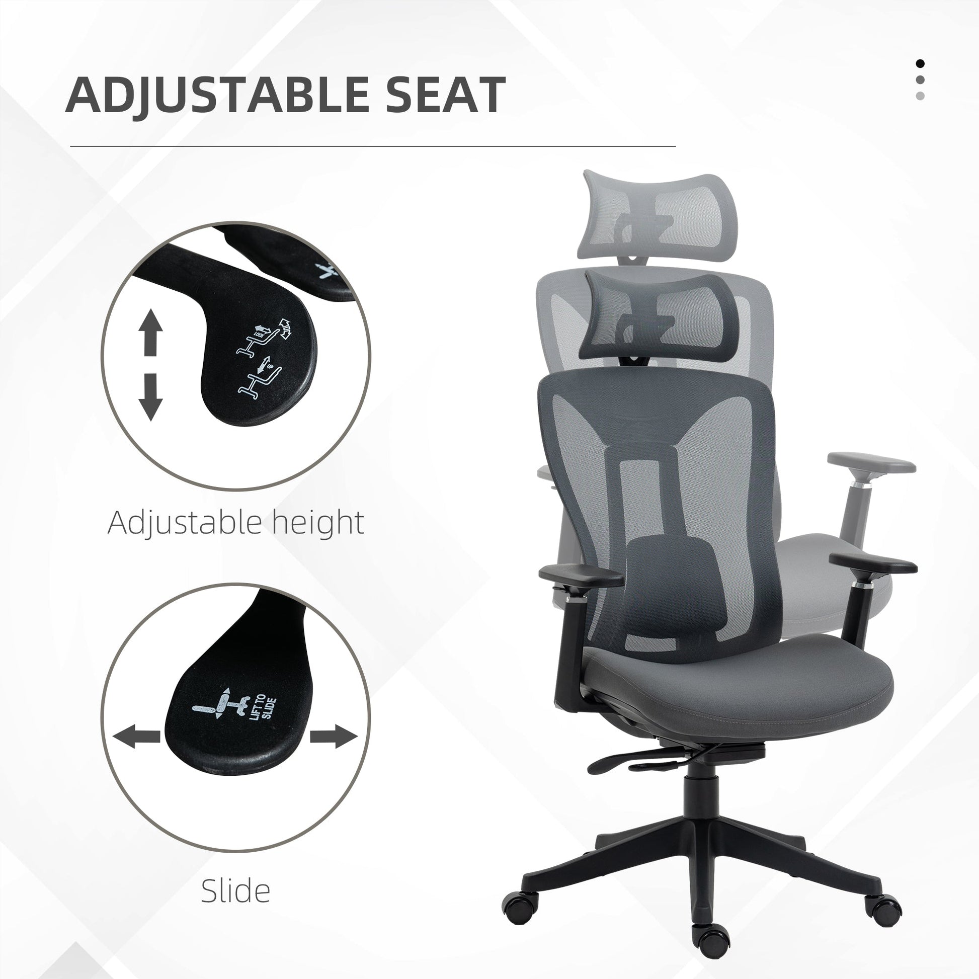 Vinsetto Mesh Office Chair, Ergonomic Desk Chair, Computer Chair with Adjustable Headrest and Lumbar Support, 135° Reclining Back and 3D Armrest for Home Office Study, Grey