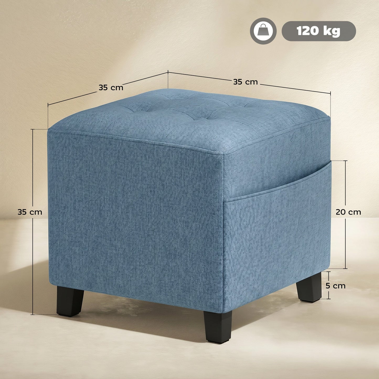 Square Footstool, Small Ottoman with Side Pocket, Linen-look Fabric Footrest Foot Stool with Rubber Wood Legs and Padded Seat for Living Room, Bedroom, Entryway, 35 x 35 x 35cm, Dark Blue