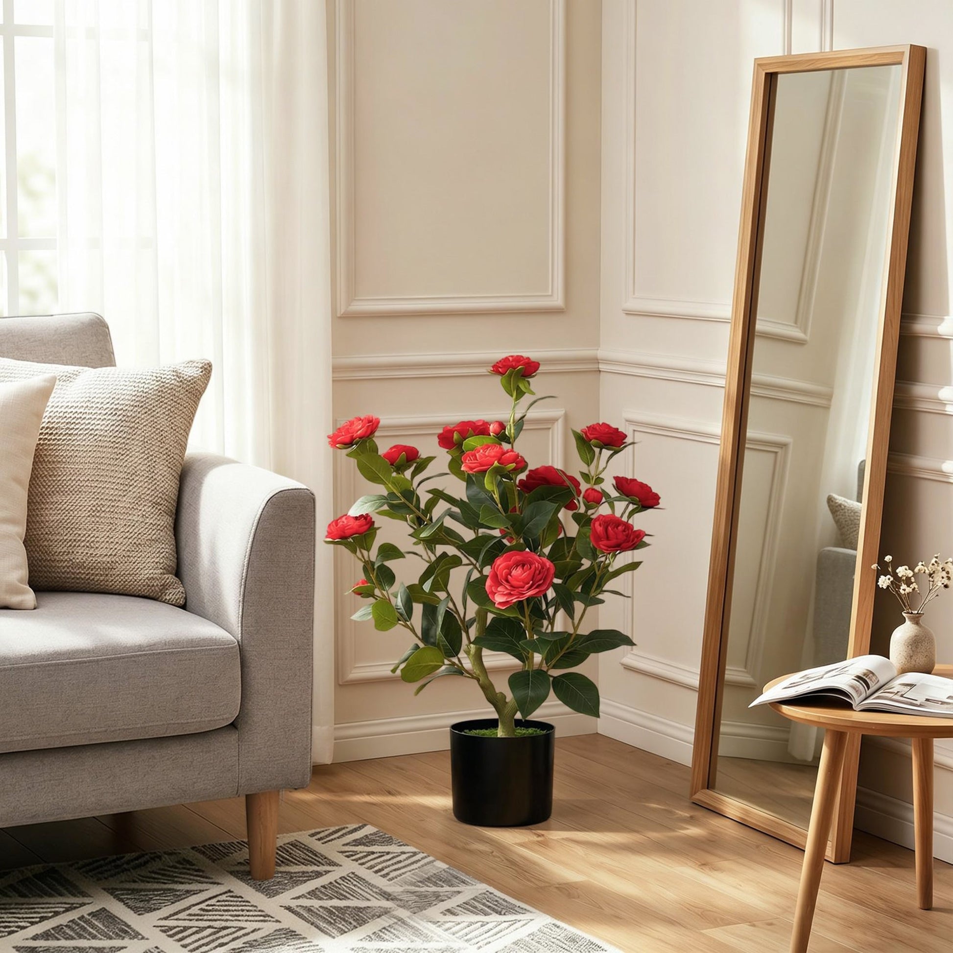 65cm Artificial Camellia Flower Plant in Pot, Realistic Silk Flowers with 116 Lush Leaves & Moss Effect, Faux Tree for Outdoor Indoor Garden Porch Decor, Red