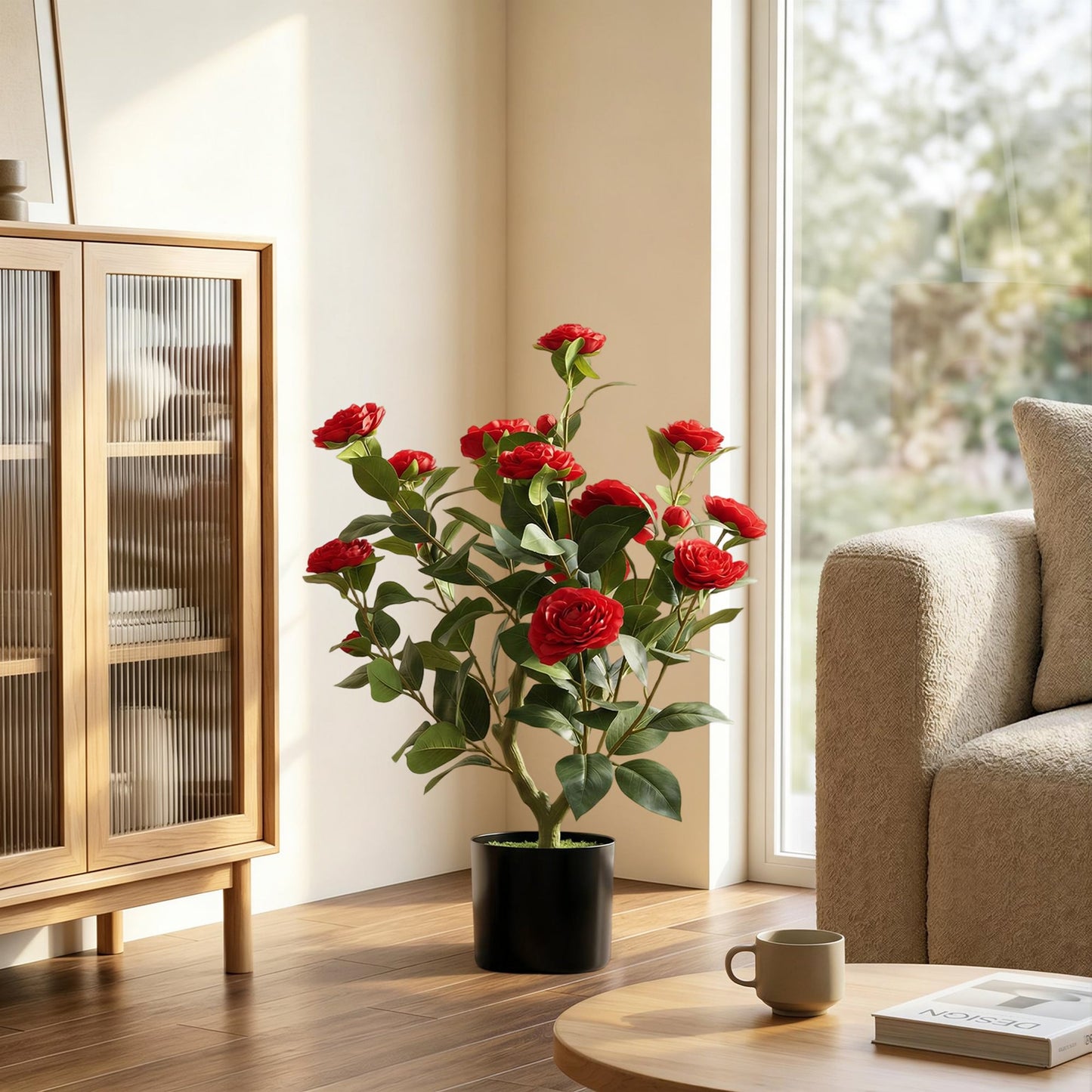 65cm Artificial Camellia Flower Plant in Pot, Realistic Silk Flowers with 116 Lush Leaves & Moss Effect, Faux Tree for Outdoor Indoor Garden Porch Decor, Red