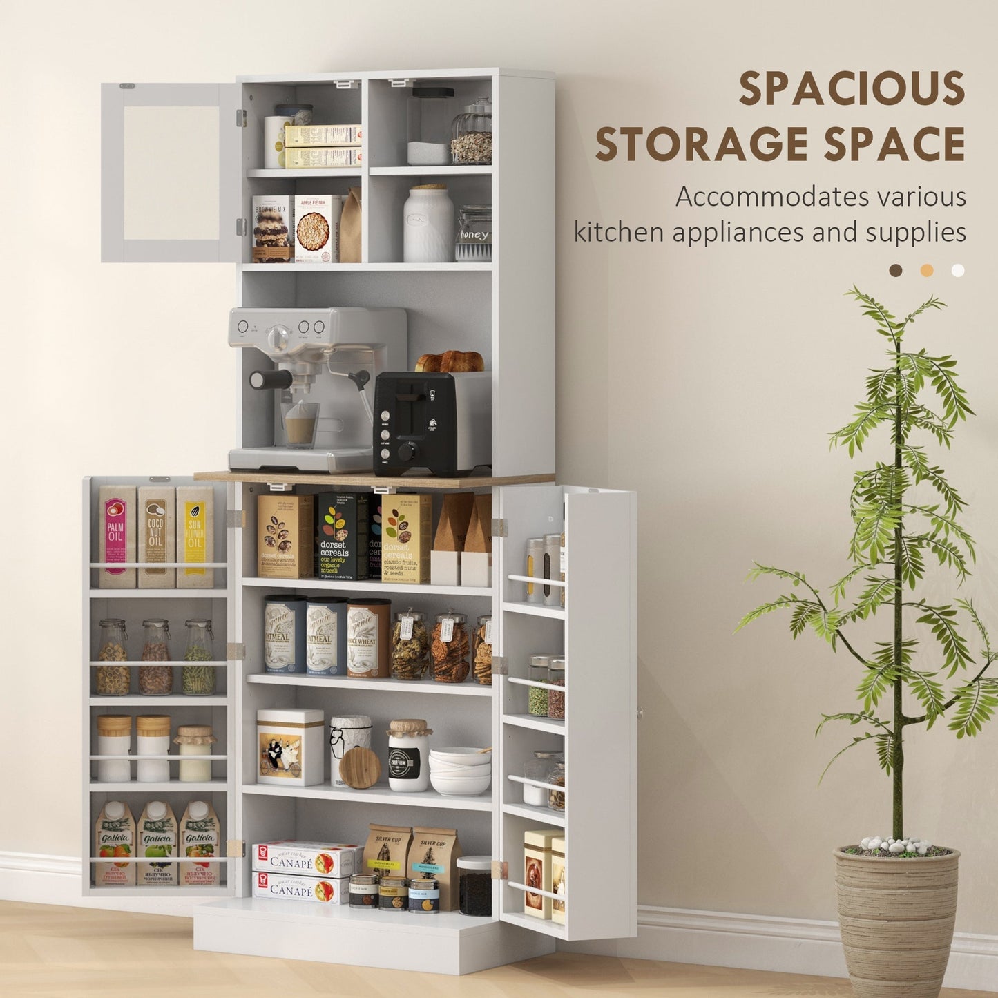 169cm Kitchen Cupboard, Freestanding Storage Cabinet with Microwave Shelf, Adjustable Shelves & 8 Door Storage, Modern Kitchen Pantry with Glass Door for Living Room, Dining Room, White