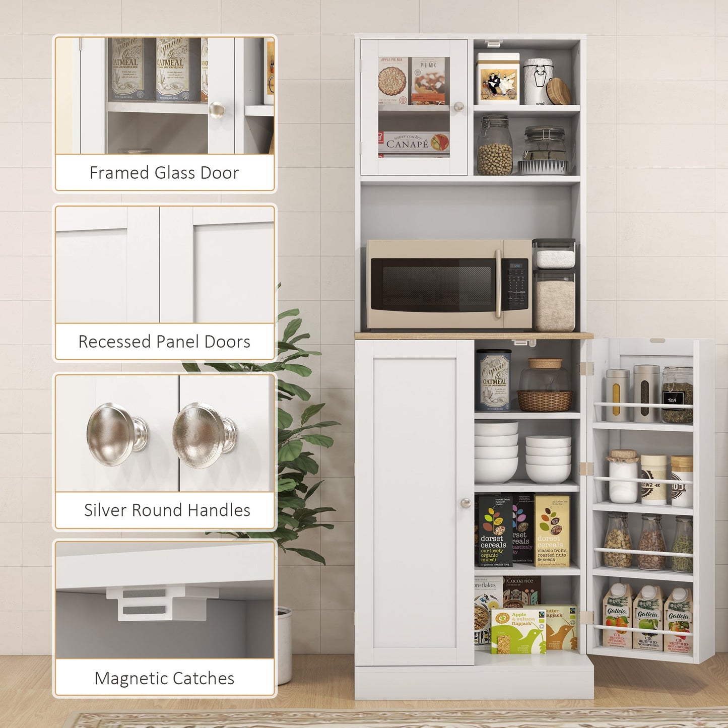 169cm Kitchen Cupboard, Freestanding Storage Cabinet with Microwave Shelf, Adjustable Shelves & 8 Door Storage, Modern Kitchen Pantry with Glass Door for Living Room, Dining Room, White