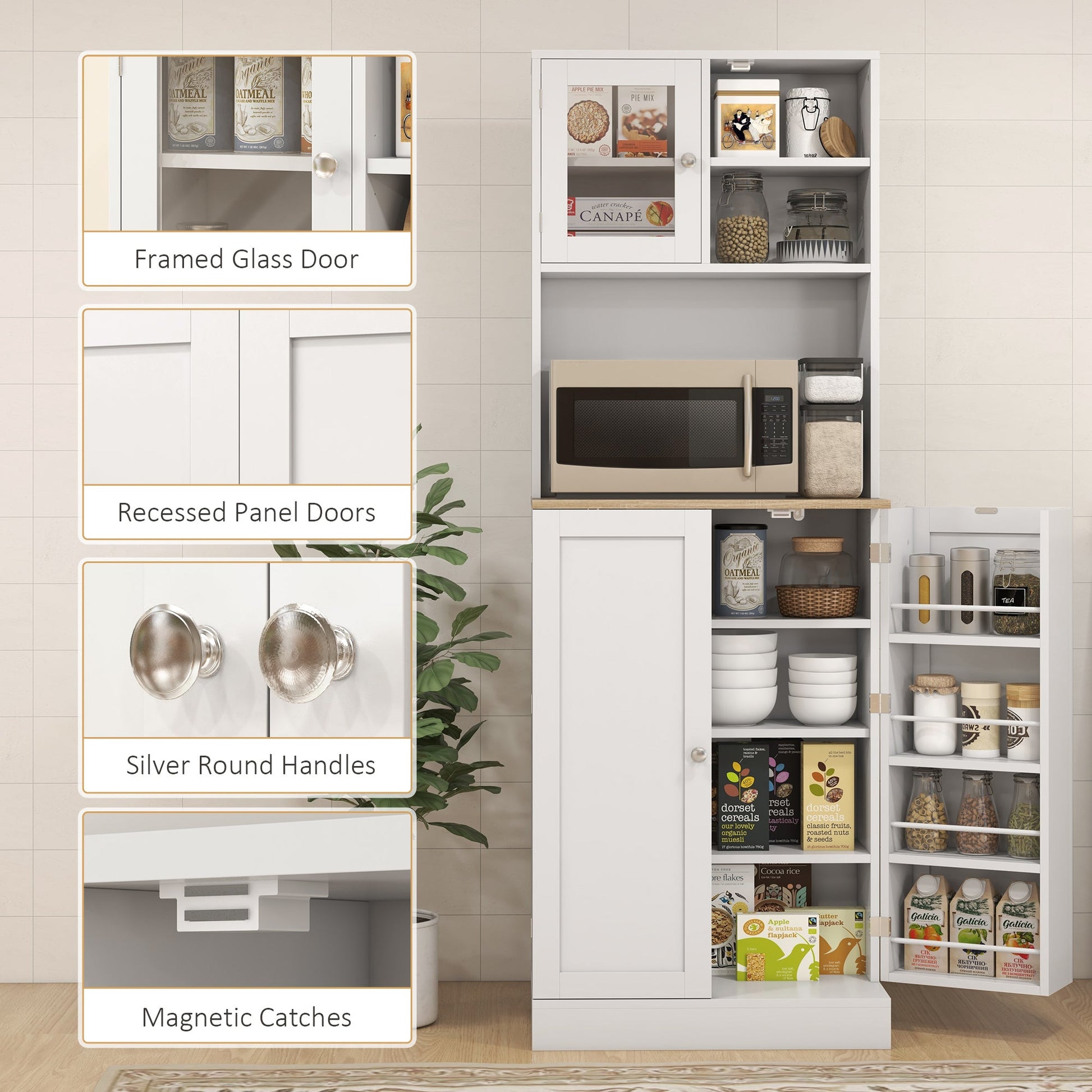 169cm Kitchen Cupboard, Freestanding Storage Cabinet with Microwave Shelf, Adjustable Shelves & 8 Door Storage, Modern Kitchen Pantry with Glass Door for Living Room, Dining Room, White