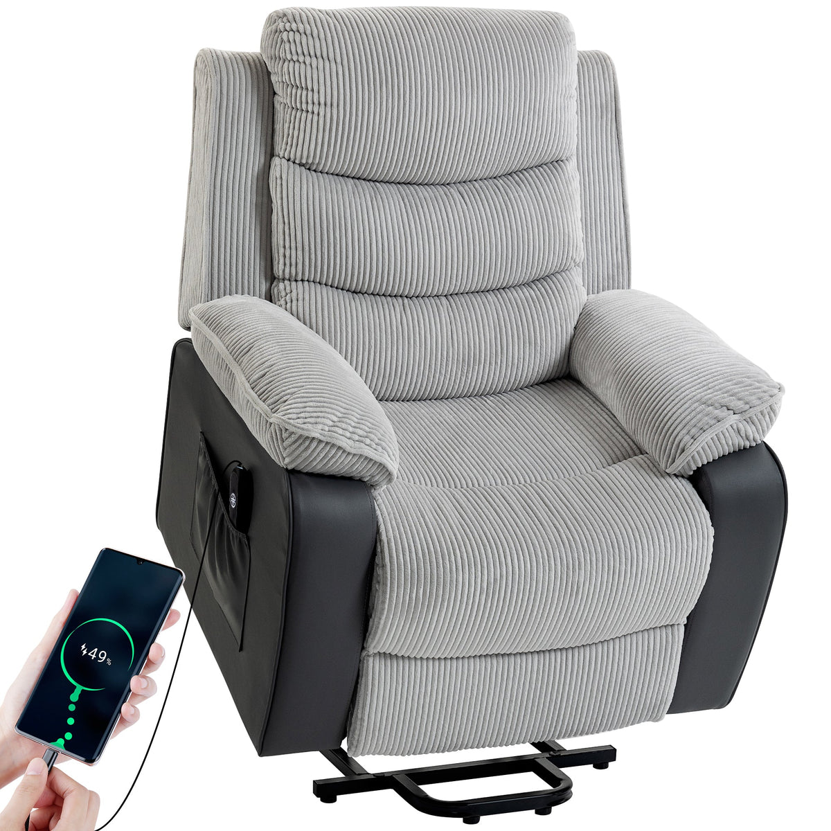Riser Recliner Chair for Elderly, Corduroy Electric Power Lift Chair with Patchwork Design, Wide Seat, High Back, USB Port, 2 Side Pockets, Remote, Lift Armchair for Living Room, Light Grey