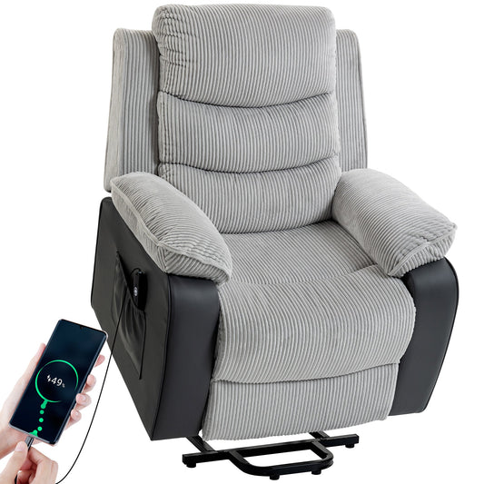 Riser Recliner Chair for Elderly, Corduroy Electric Power Lift Chair with Patchwork Design, Wide Seat, High Back, USB Port, 2 Side Pockets, Remote, Lift Armchair for Living Room, Light Grey