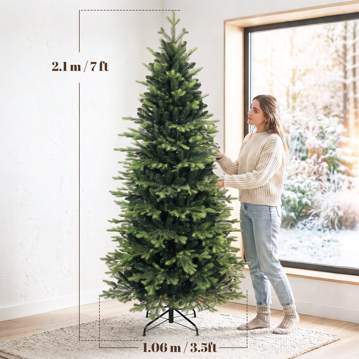 7ft/210cm Artificial Christmas Tree, Geneva Fir Hinged Xmas Tree with 2079 Branch Tips, Foldable Steel Stand, Easy Assembly for Home Office Holiday Decoration, Green