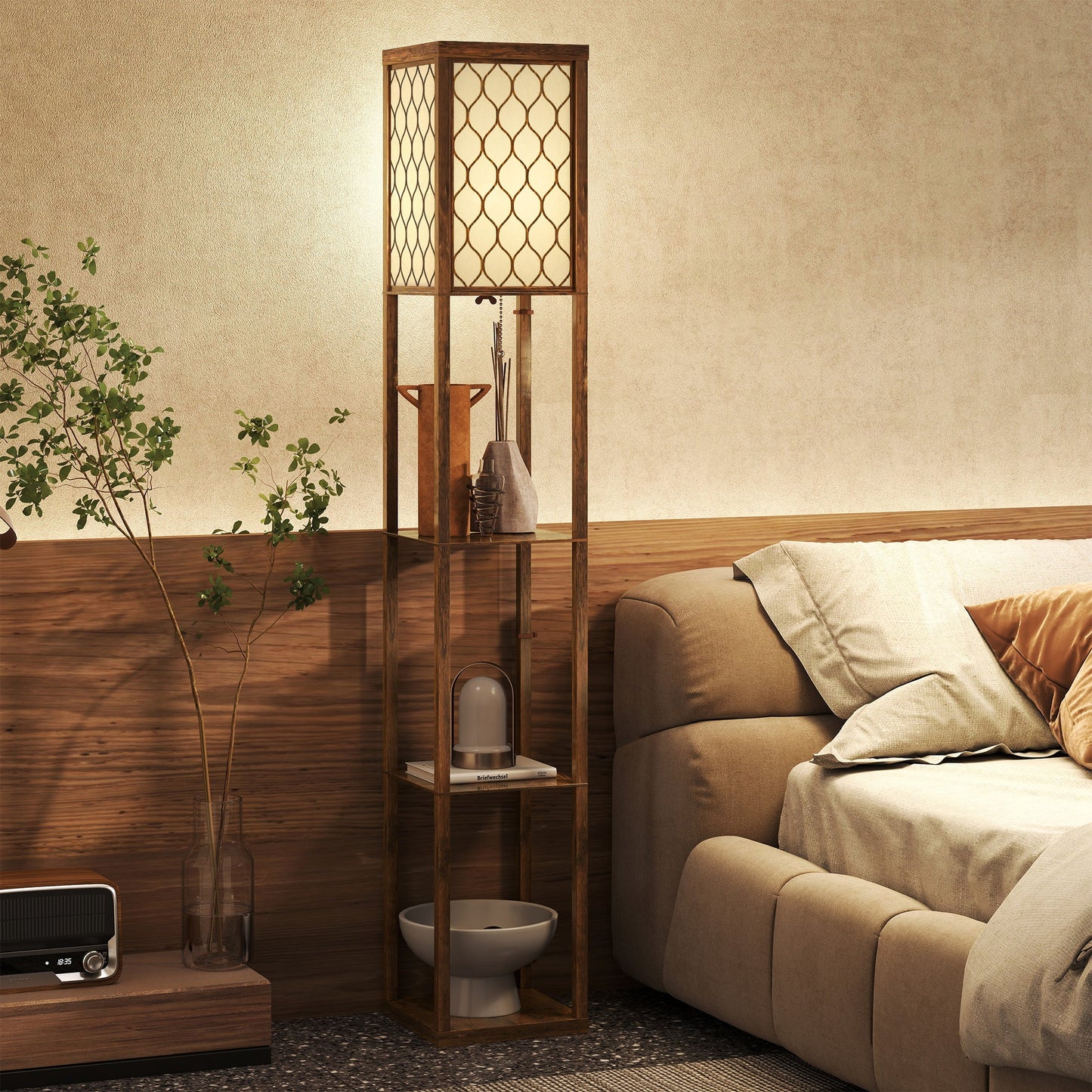 Floor Lamp with Shelves, Single Light, Modern Tall Standing Lamps for Living Room, Bedroom, with Chain Switch, Bulb not Included, Rustic Brown