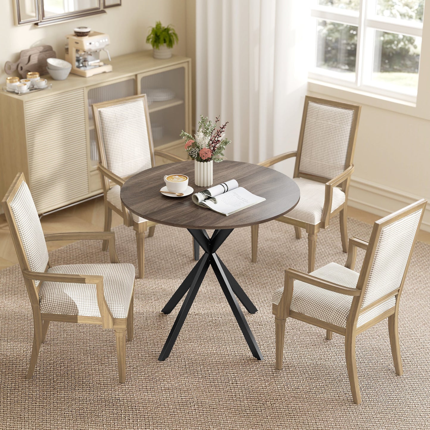 80cm Round Dining Table, Industrial Kitchen Table with Cross Steel Legs for Dining Room, Kitchen, Living Room, Brown