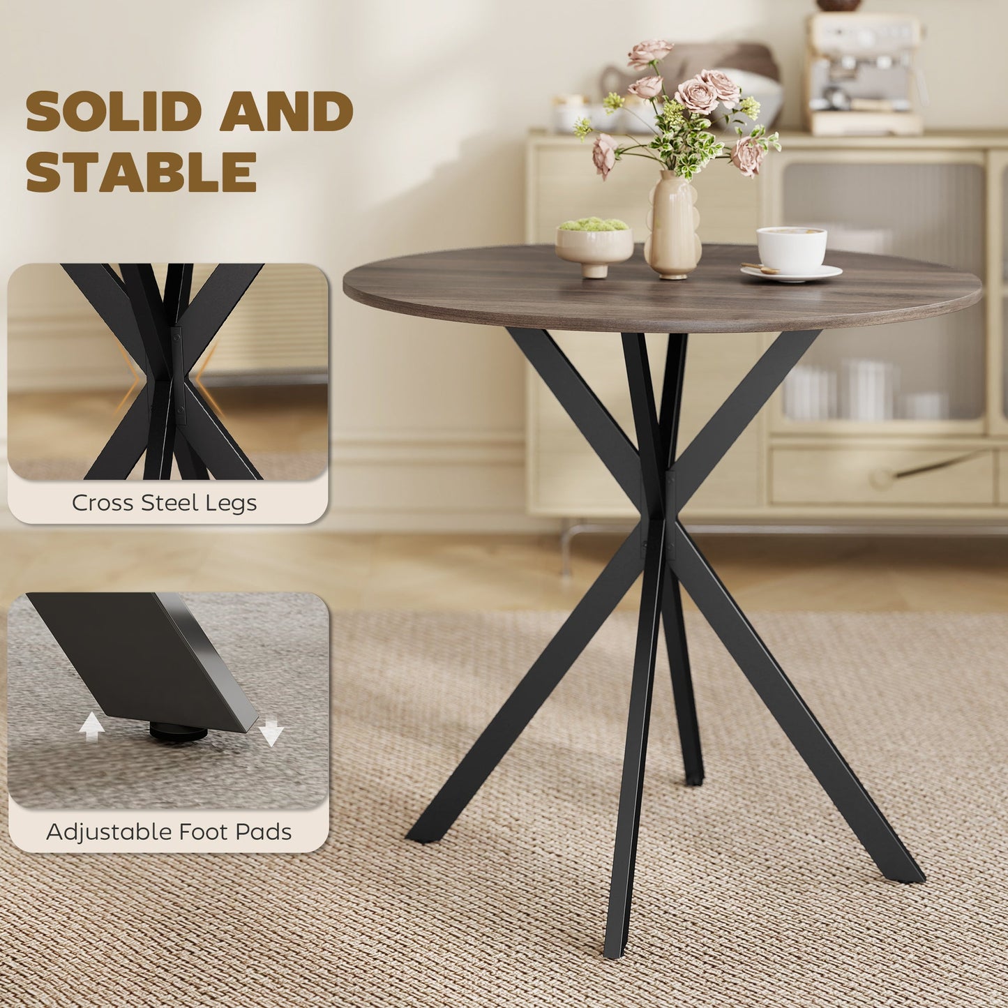 80cm Round Dining Table, Industrial Kitchen Table with Cross Steel Legs for Dining Room, Kitchen, Living Room, Brown
