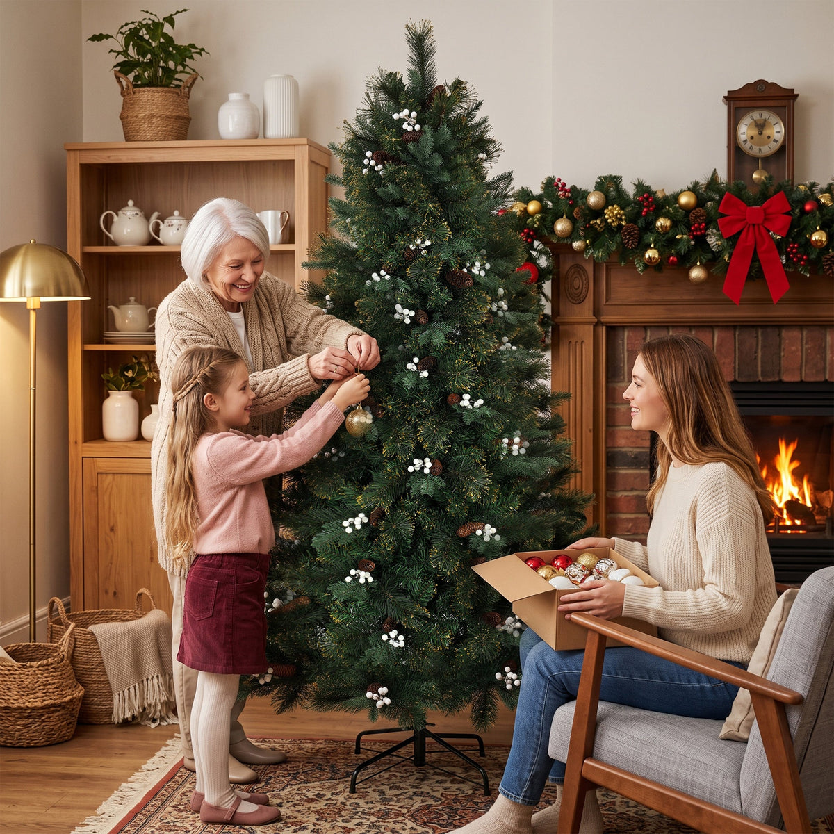 6ft/180cm Artificial Christmas Tree, Fir Hinged Xmas Tree with 716 Branch Tips, Foldable Metal Stand, Easy Assembly for Home Office Holiday Decoration, Green