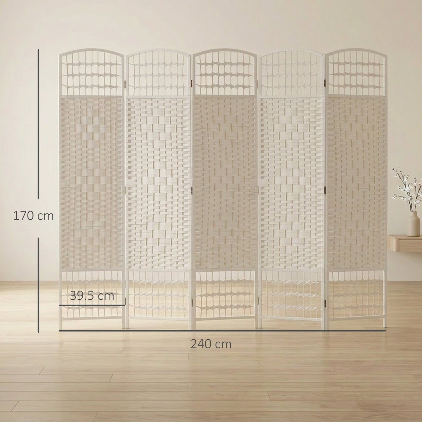 6 Panel Folding Room Divider, Privacy Screen, Freestanding Paravent Partition Separator for Living Room, Bedroom and Office, 240 x 170cm, White
