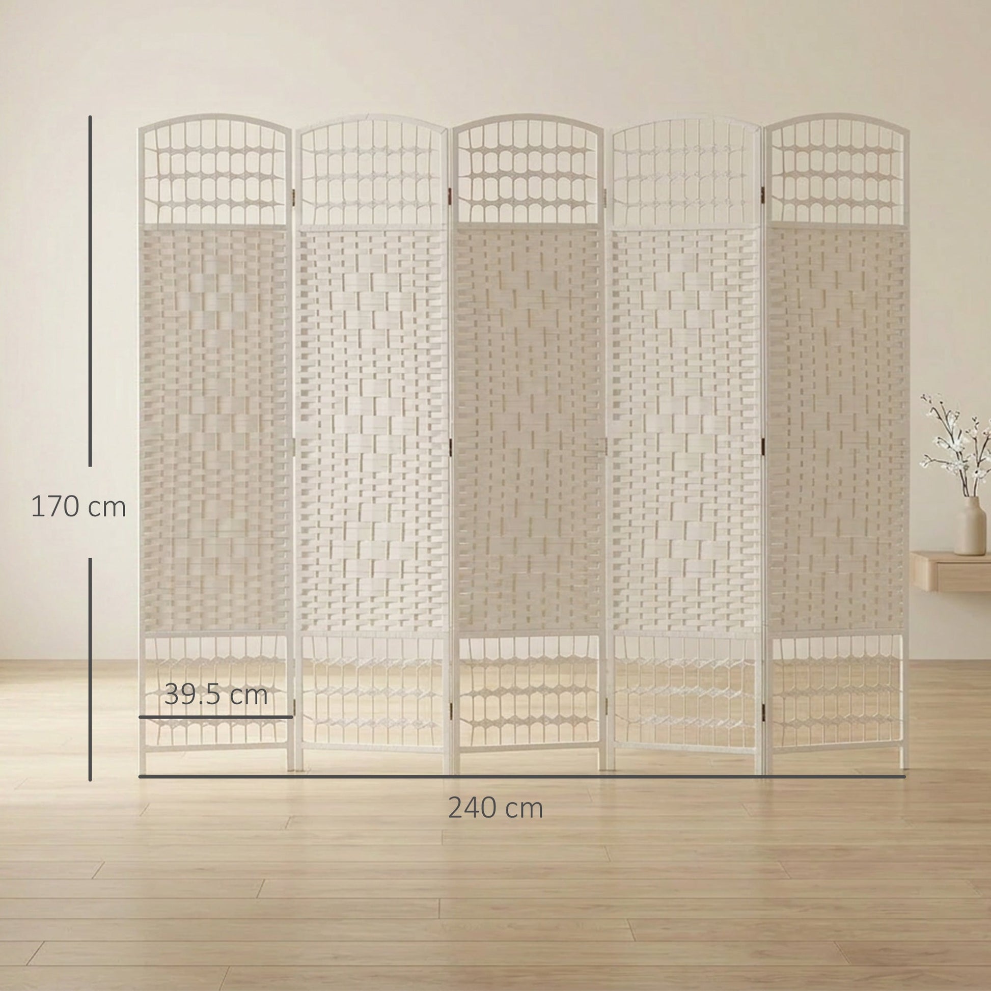 6 Panel Folding Room Divider, Privacy Screen, Freestanding Paravent Partition Separator for Living Room, Bedroom and Office, 240 x 170cm, White