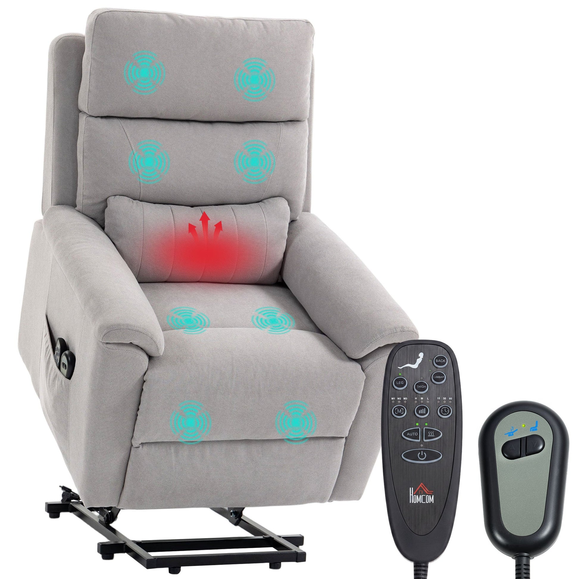 Power Lift Recliner Chair with Vibration Massage and Heat, Terry Cloth Electric Lift Chair for Elderly with Spring Cushion, High Back, Remote, Recliner Armchair for Living Room, Light Grey