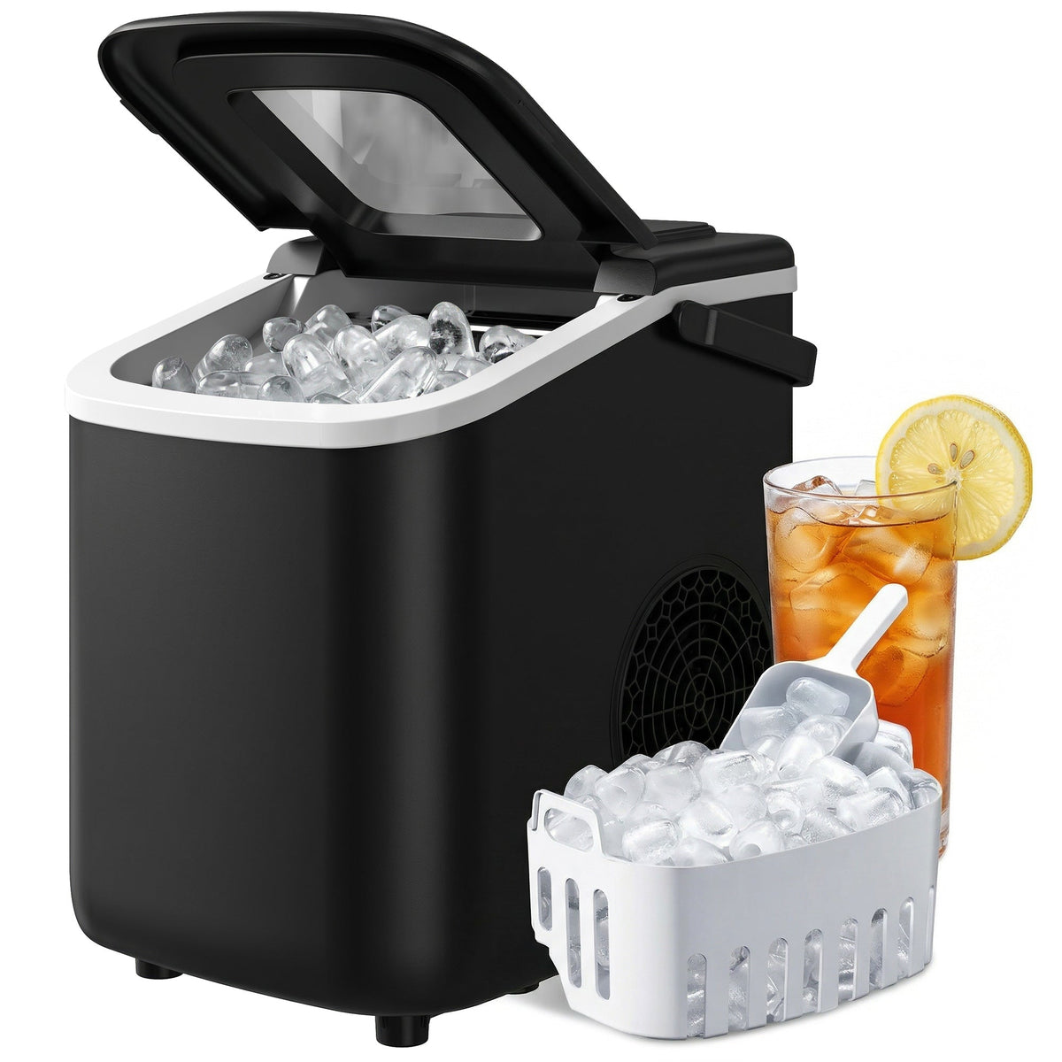 Ice Maker Machine Countertop, 12kg/24H, 9 Cubes in 7 Mins, 2 Sizes, Self-Cleaning Portable Ice Cube Maker with Handle, Scoop & Basket for Home Office Kitchen RV, Black