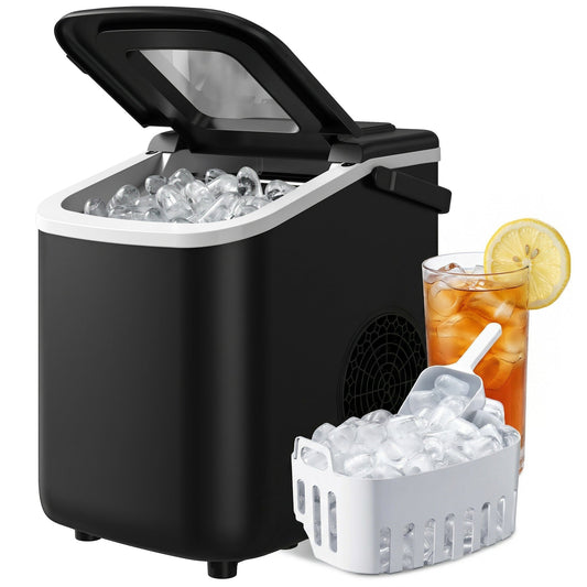 Ice Maker Machine Countertop, 12kg/24H, 9 Cubes in 7 Mins, 2 Sizes, Self-Cleaning Portable Ice Cube Maker with Handle, Scoop & Basket for Home Office Kitchen RV, Black