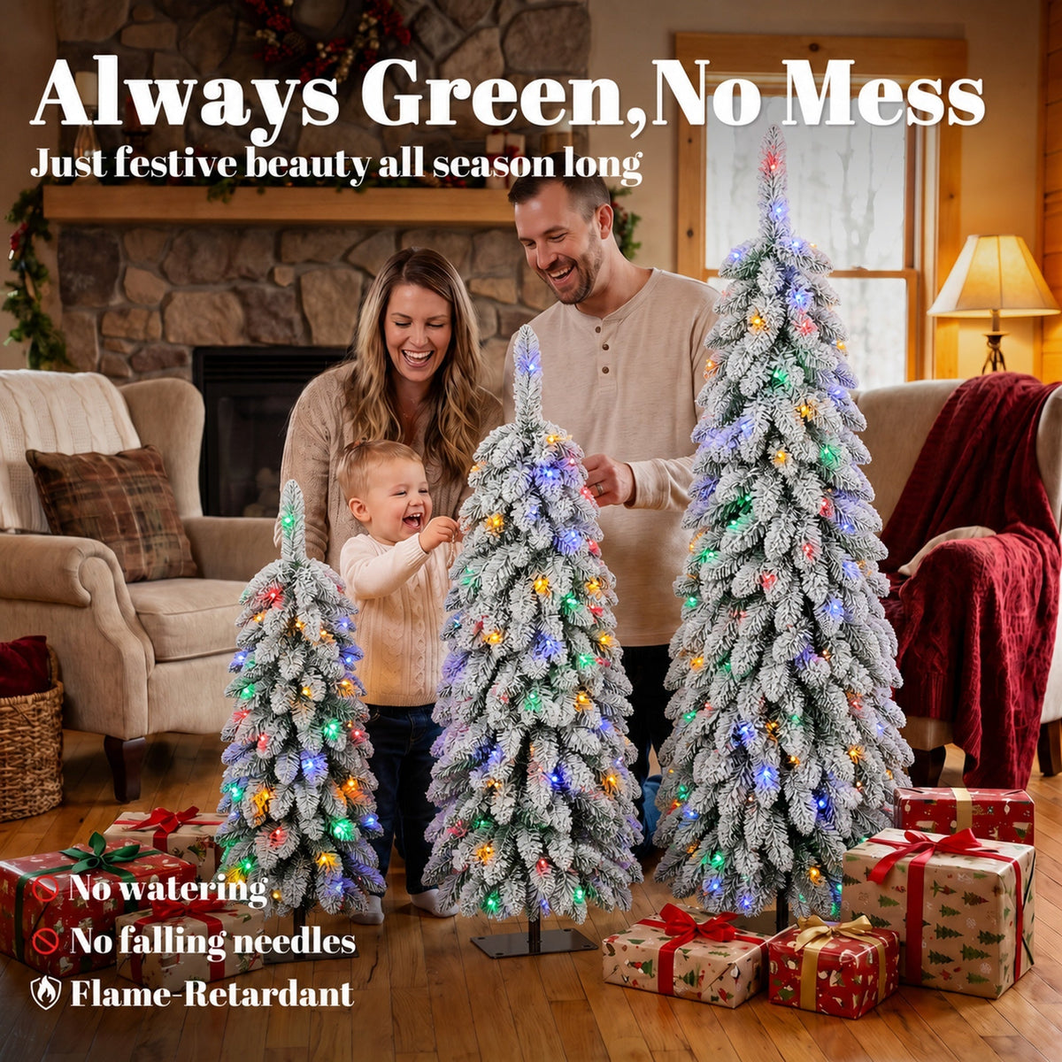 Artificial Christmas Tree Set of 3, Snowy Pre-Lit Christmas Trees with PVC Branch Tips and Multicolour LED Lights, Slim Pencil Xmas Decorations, 90/120/150 cm, Green White