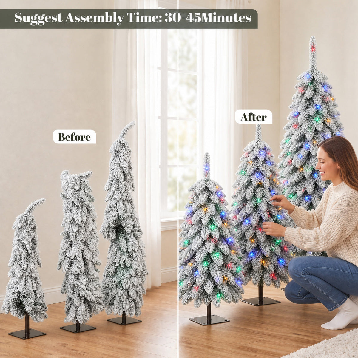 Artificial Christmas Tree Set of 3, Snowy Pre-Lit Christmas Trees with PVC Branch Tips and Multicolour LED Lights, Slim Pencil Xmas Decorations, 90/120/150 cm, Green White