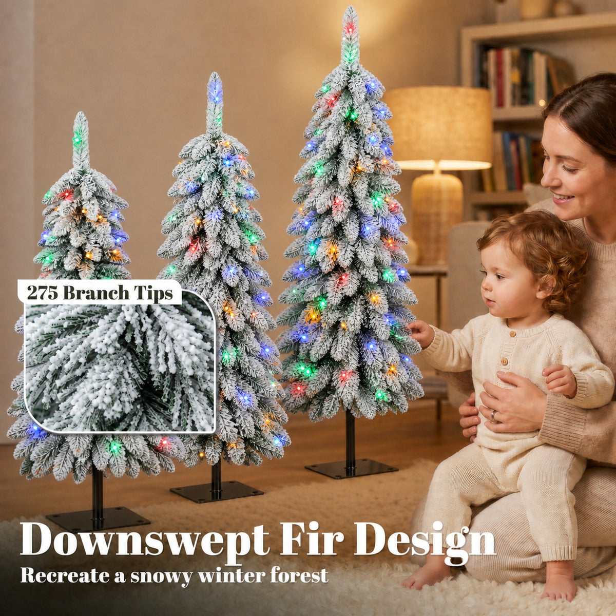 Artificial Christmas Tree Set of 3, Snowy Pre-Lit Christmas Trees with PVC Branch Tips and Multicolour LED Lights, Slim Pencil Xmas Decorations, 90/120/150 cm, Green White